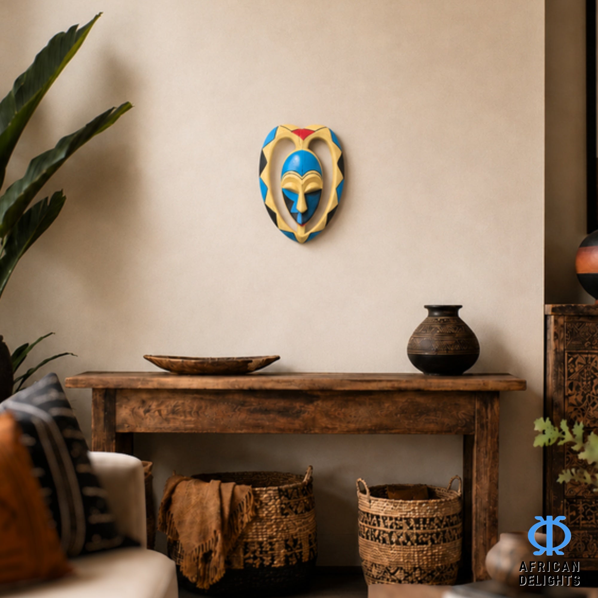 Mukudj Mask – African wall art mask detail view, handcrafted by Christopher Nyasafo, Ghana. African Delights.