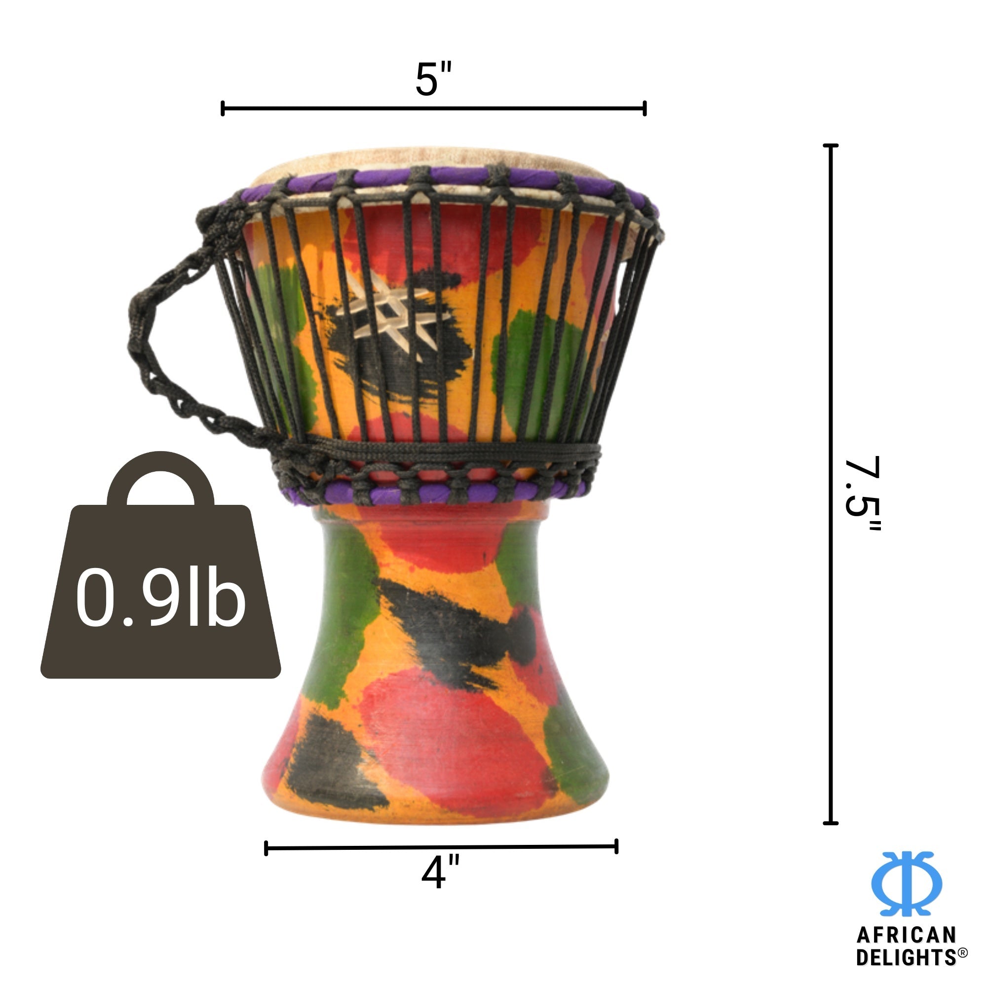Multicolor with Scoring mini djembe drum size and dimensions