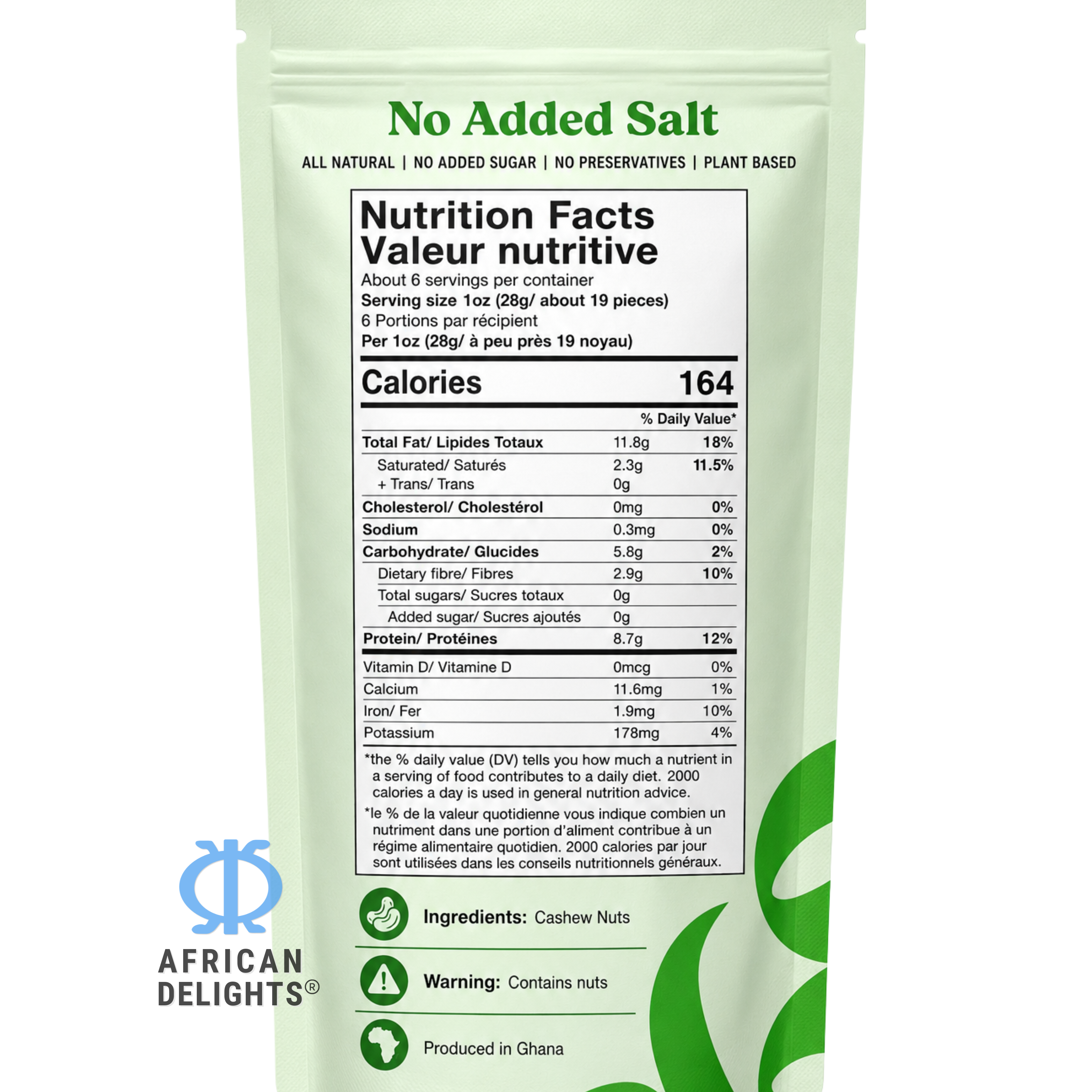 African Delights No Added Salt Cashews ingredients and nutrition facts # Flavor_No Added Salt (8 x 40g Pouches)