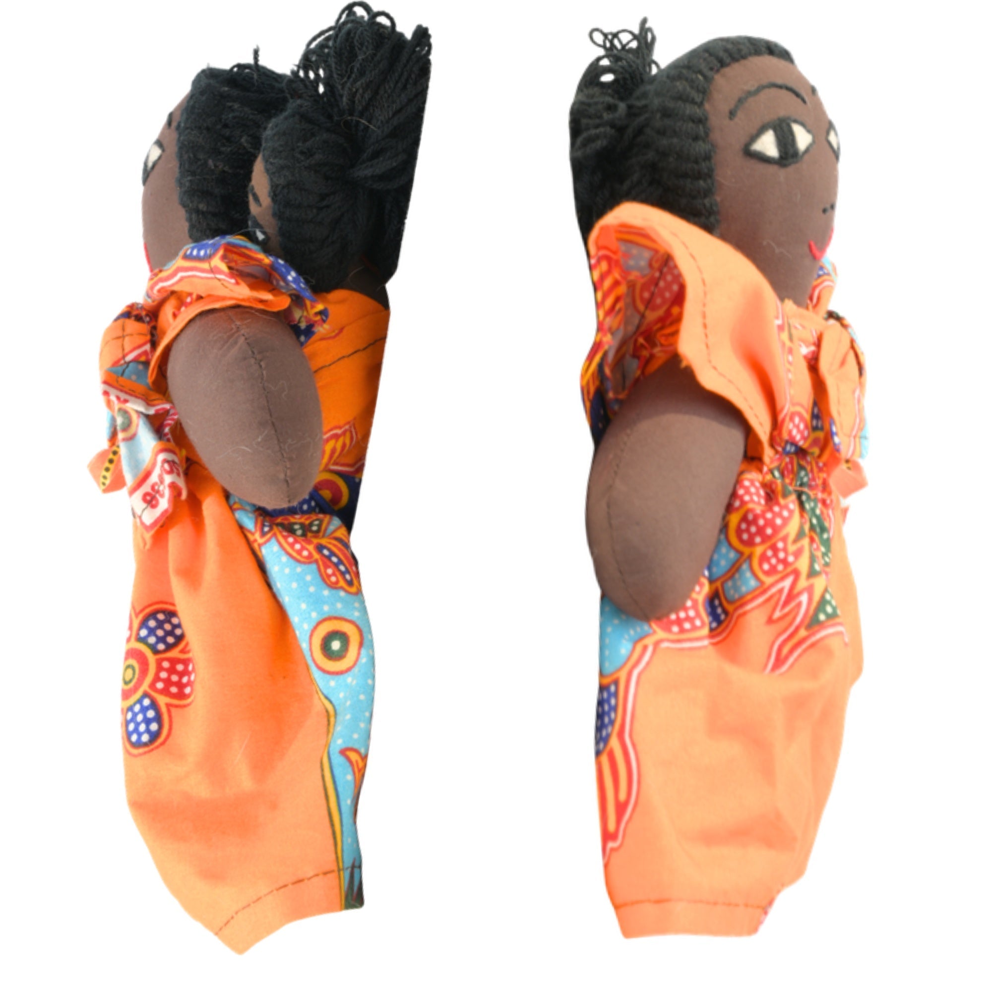 Orange African fabric doll back and side view – 10-inch handmade Ghanaian artisan collectible. African Delights. #Color_Orange