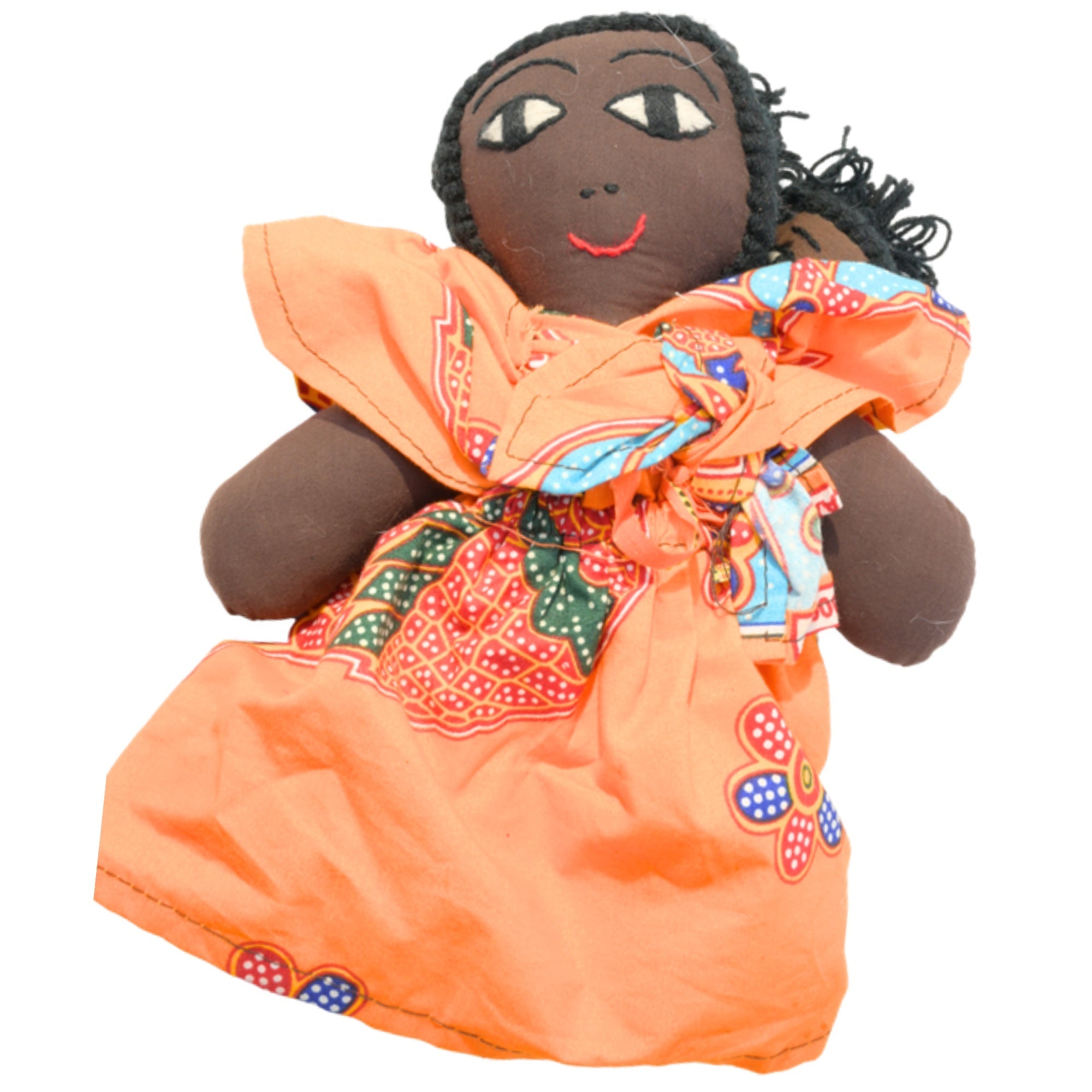 Orange Handmade African Fabric Doll with Baby – 10-inch Ghanaian artisan collectible, mother and baby in traditional wrap. African Delights. #Color_Orange