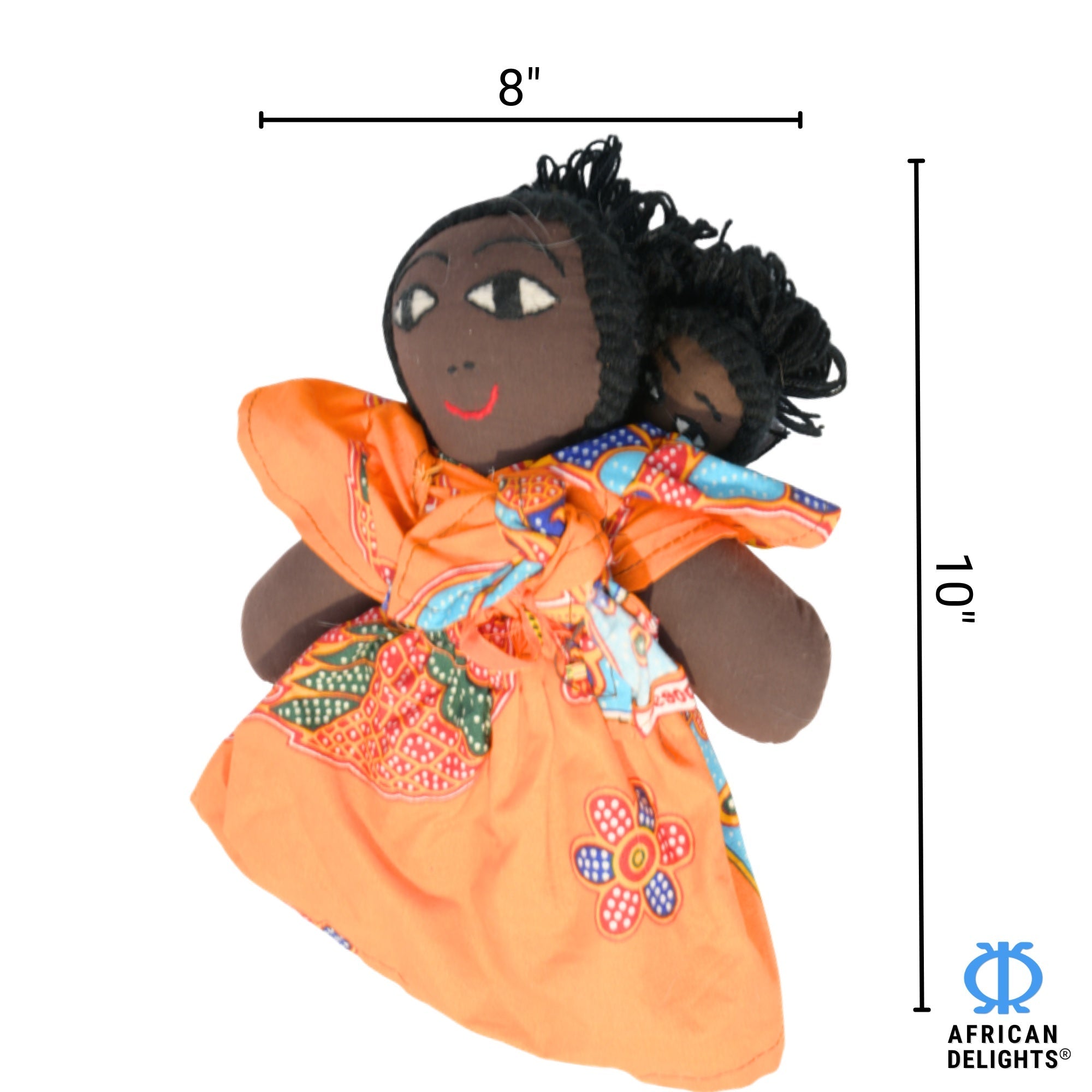 Orange African fabric doll size guide – 10-inch handmade Ghanaian collectible figurine. African Delights. #Color_Orange