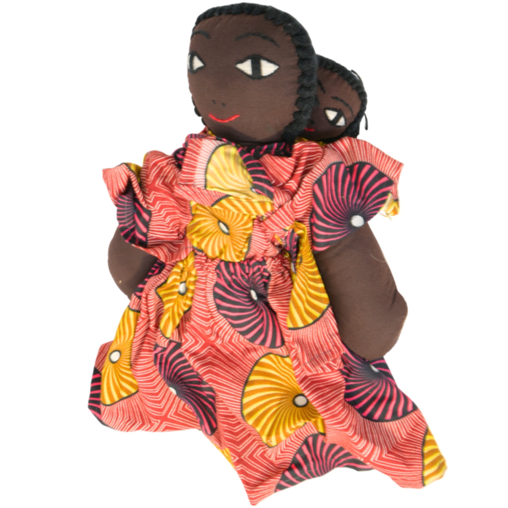 Pink Handmade African Fabric Doll with Baby – 15-inch Ghanaian artisan collectible, mother and baby in traditional wrap. African Delights. #Color_Pink