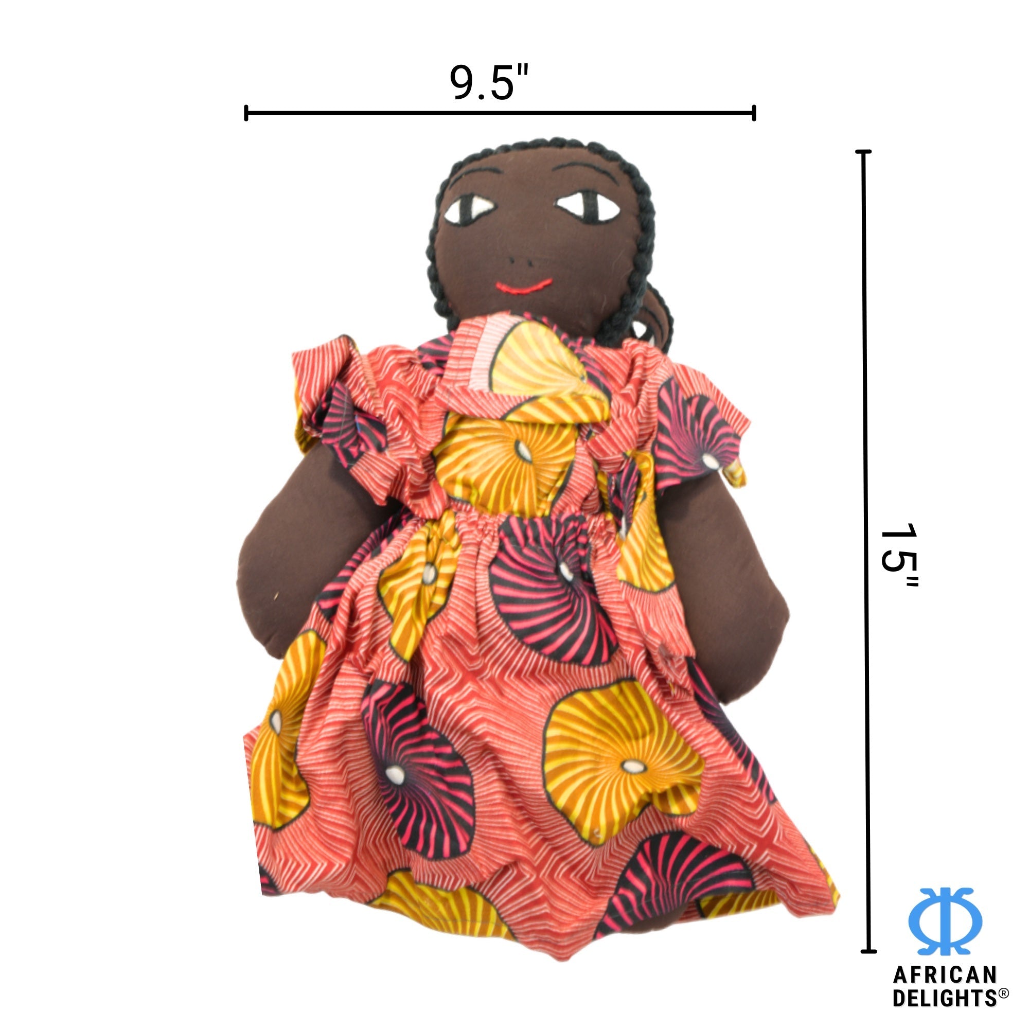 Pink African fabric doll size guide – 15-inch handmade Ghanaian collectible figurine. African Delights. #Color_Pink
