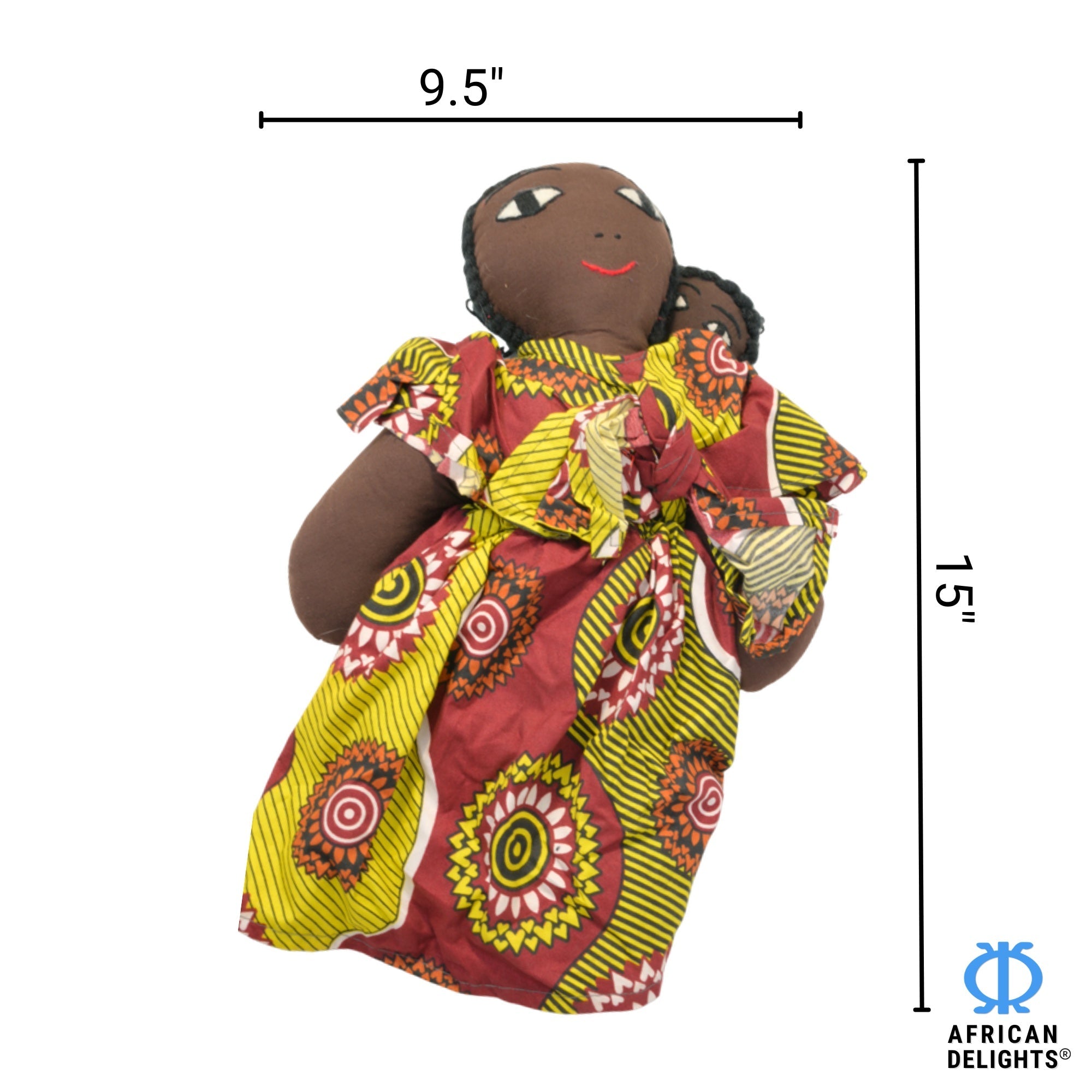 Pink/Gold African fabric doll size guide – 15-inch handmade Ghanaian collectible figurine. African Delights. #Color_Pink/Gold