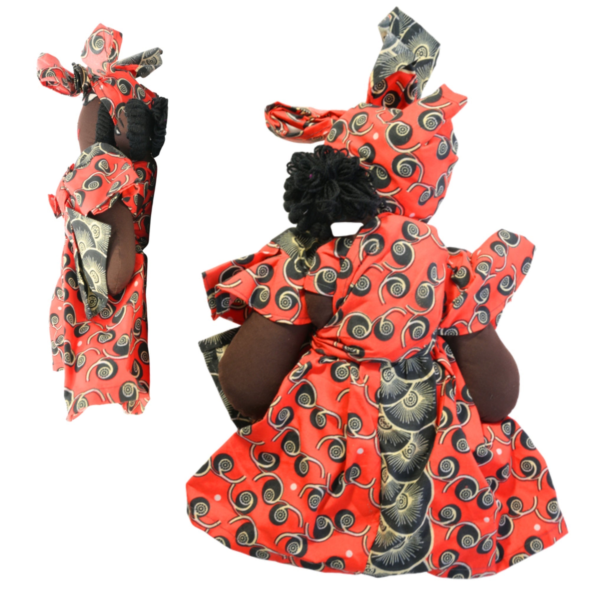 Purple African fabric doll back and side view – 15-inch handmade Ghanaian artisan collectible. African Delights. #Color_Purple