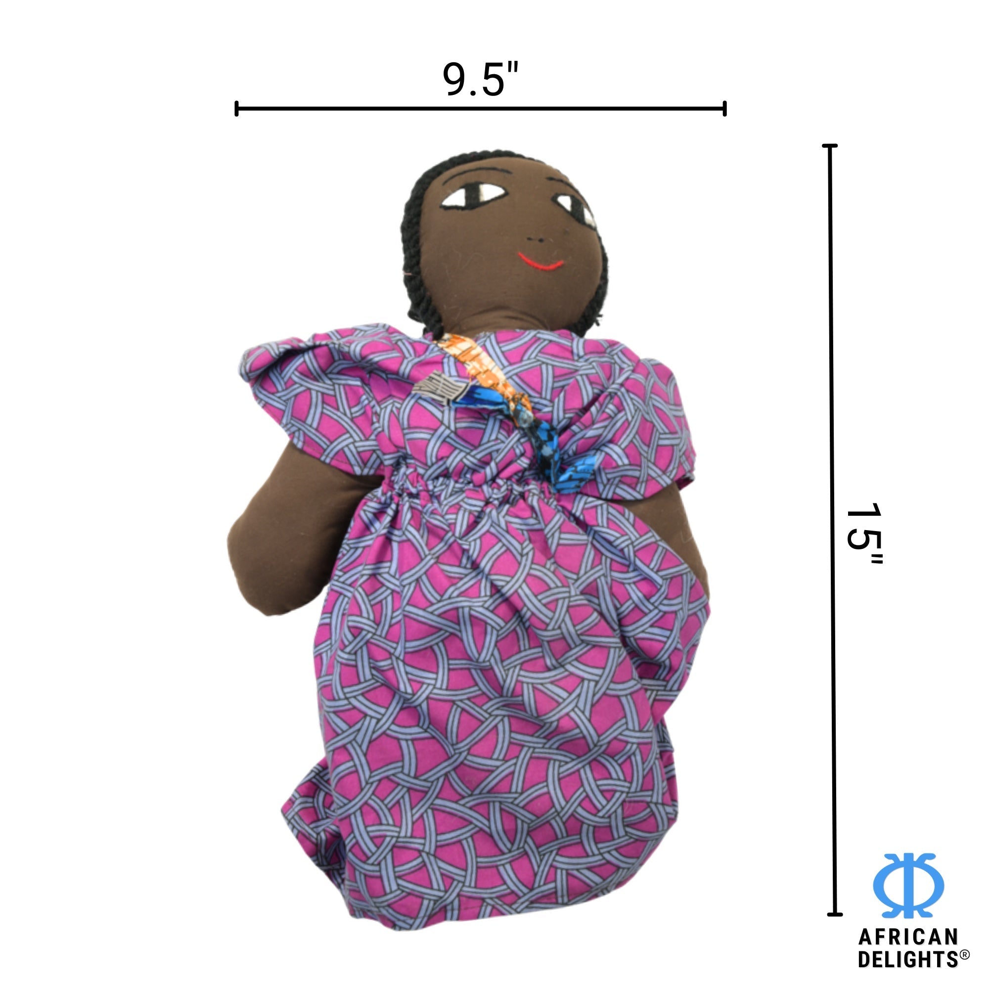 Purple African fabric doll size guide – 15-inch handmade Ghanaian collectible figurine. African Delights. #Color_Purple