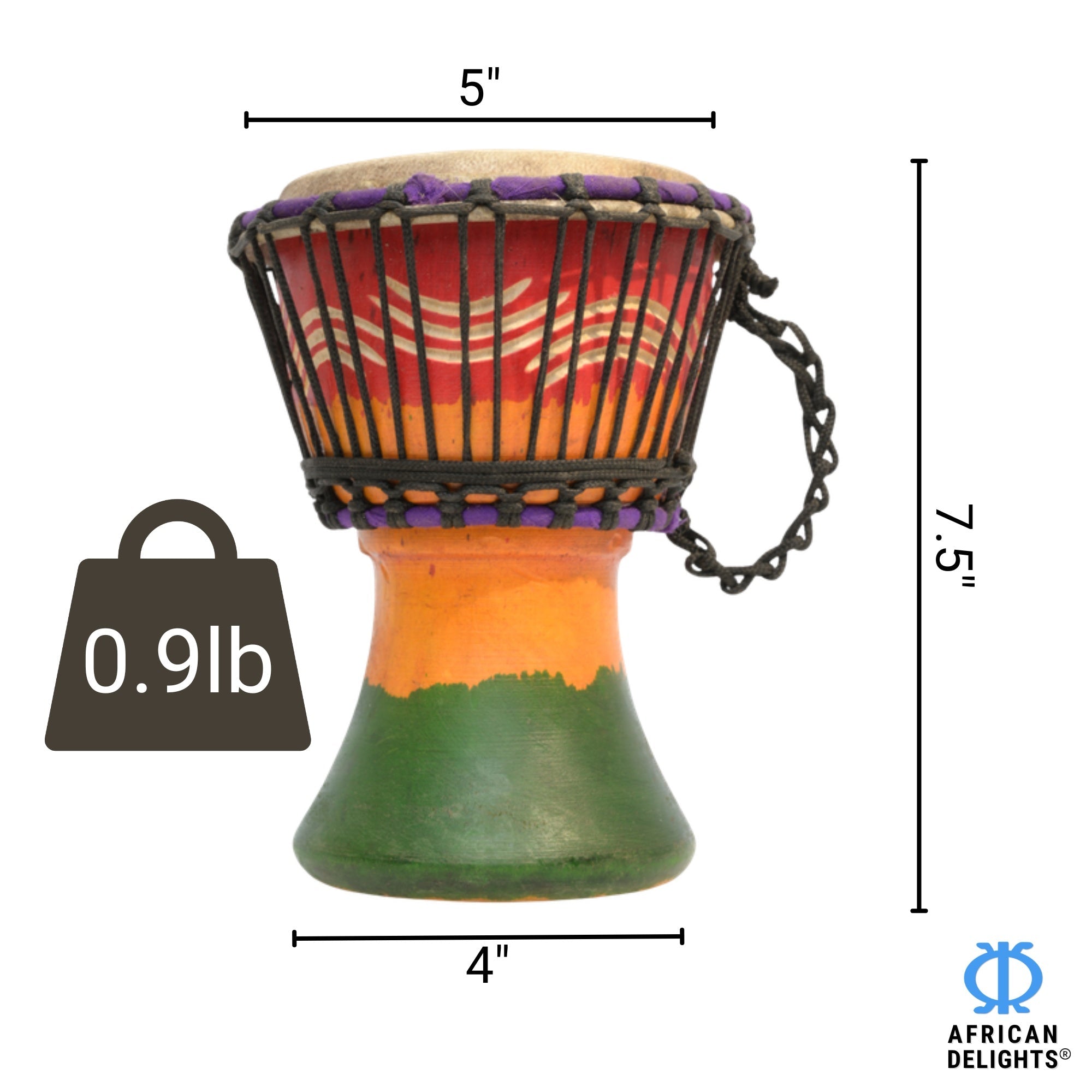 Rasta with Wave Etching 3 mini djembe drum size and dimensions