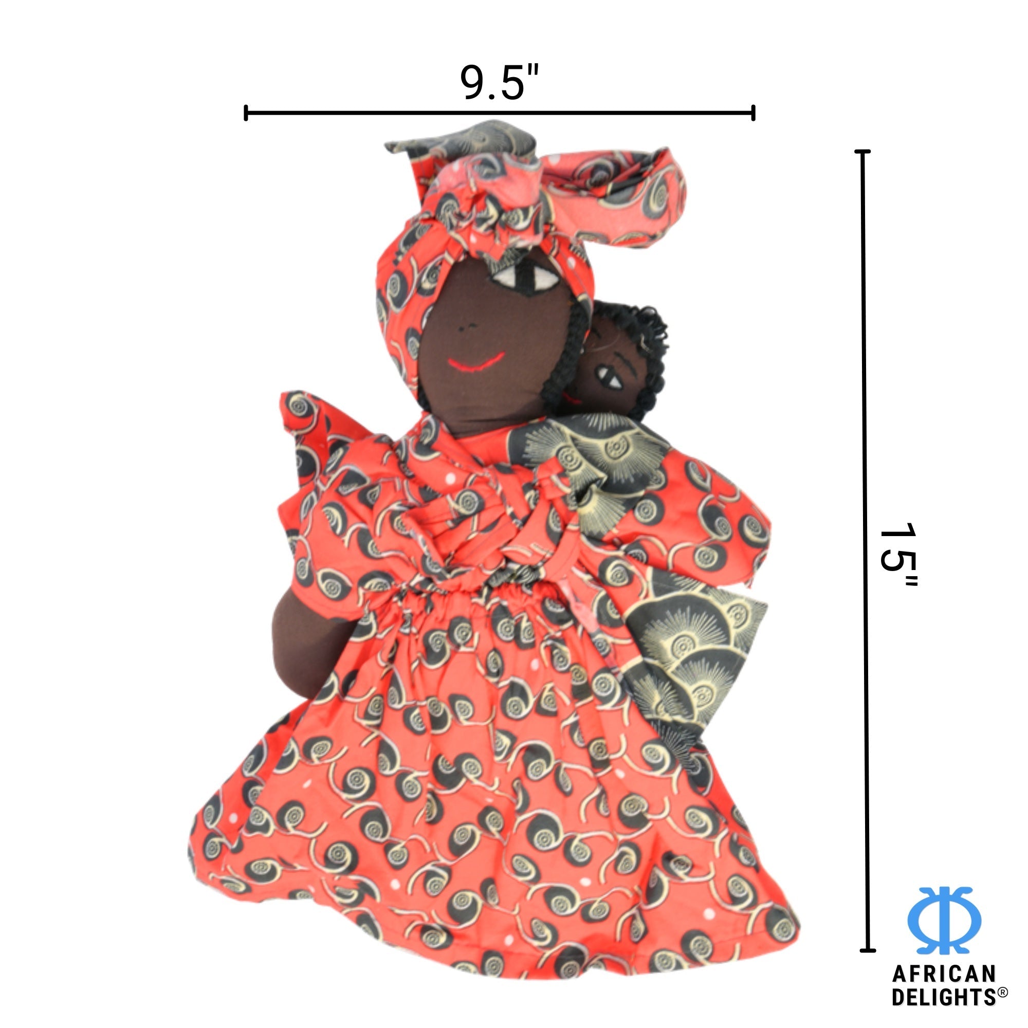 Red African fabric doll size guide – 15-inch handmade Ghanaian collectible figurine. African Delights. #Color_Red