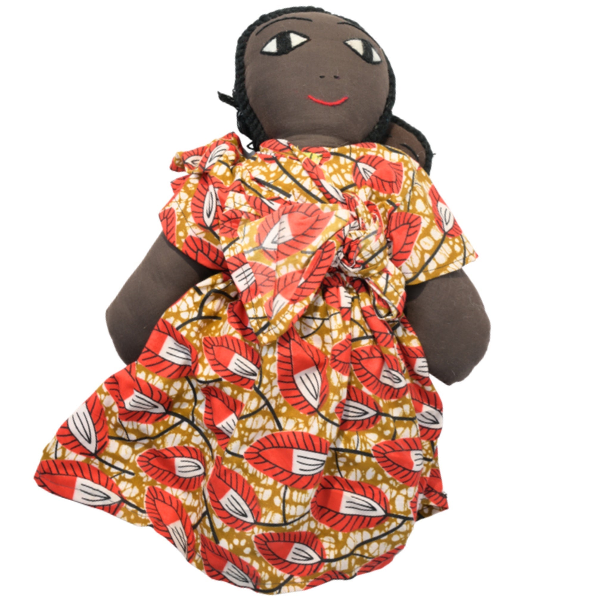 Red/Gold Handmade African Fabric Doll with Baby – 15-inch Ghanaian artisan collectible, mother and baby in traditional wrap. African Delights. #Color_Red/Gold