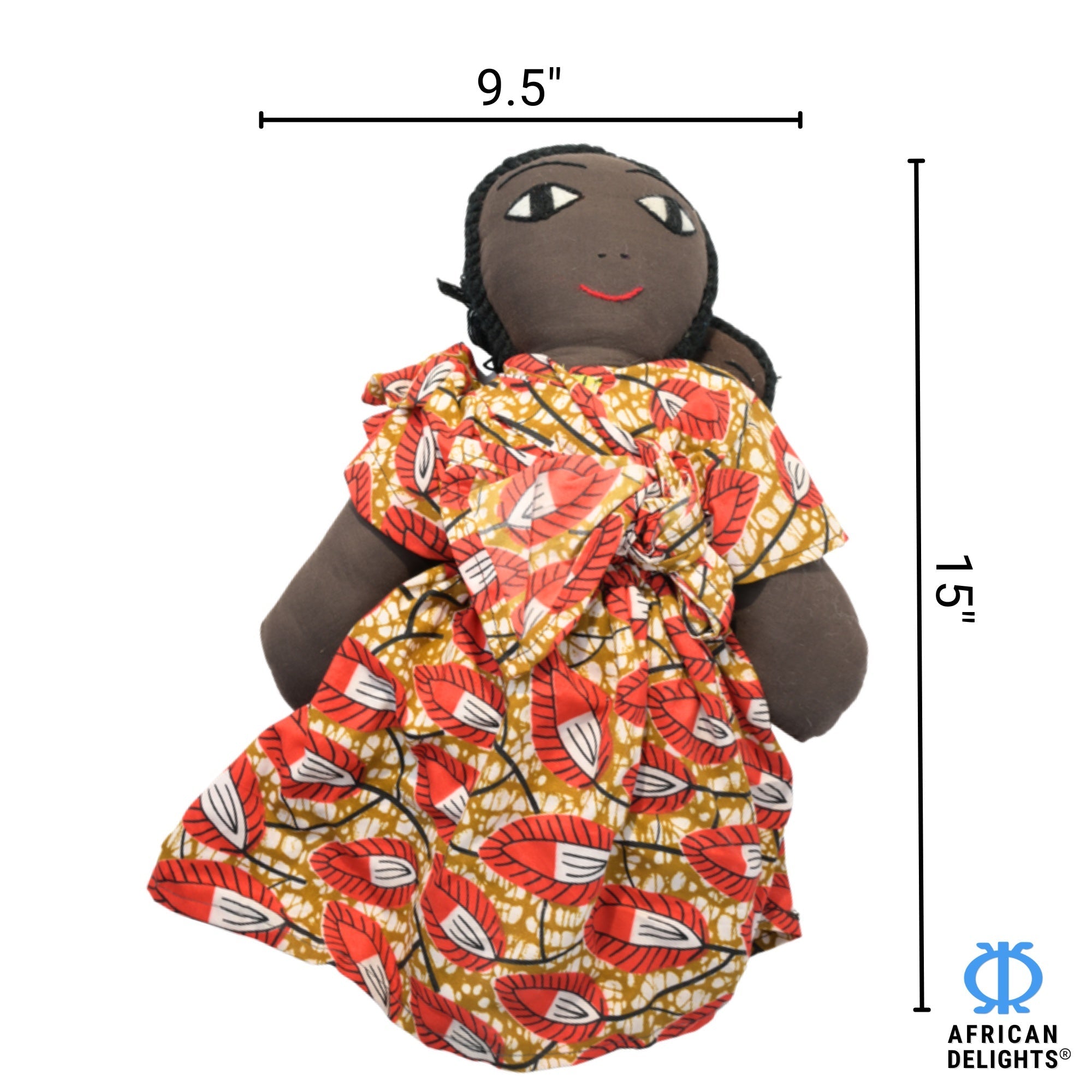 Red/Gold African fabric doll size guide – 15-inch handmade Ghanaian collectible figurine. African Delights. #Color_Red/Gold