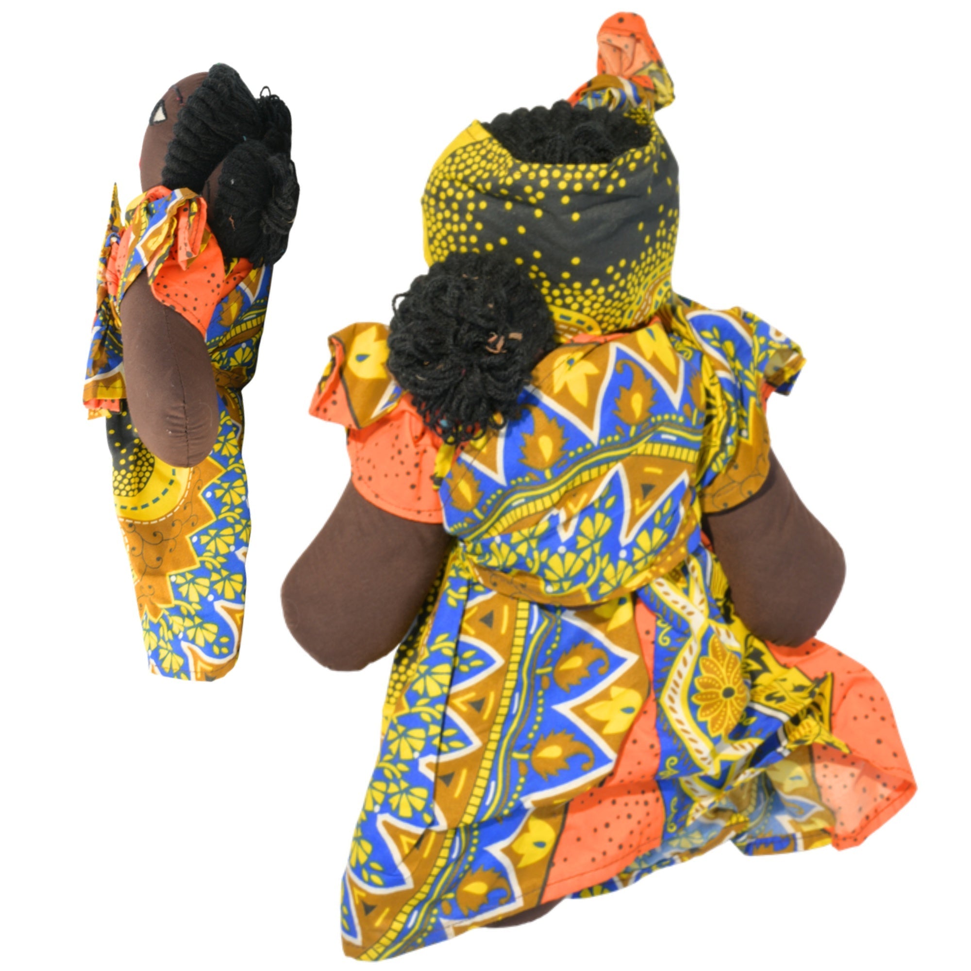 Yellow African fabric doll back and side view – 15-inch handmade Ghanaian artisan collectible. African Delights. #Color_Yellow