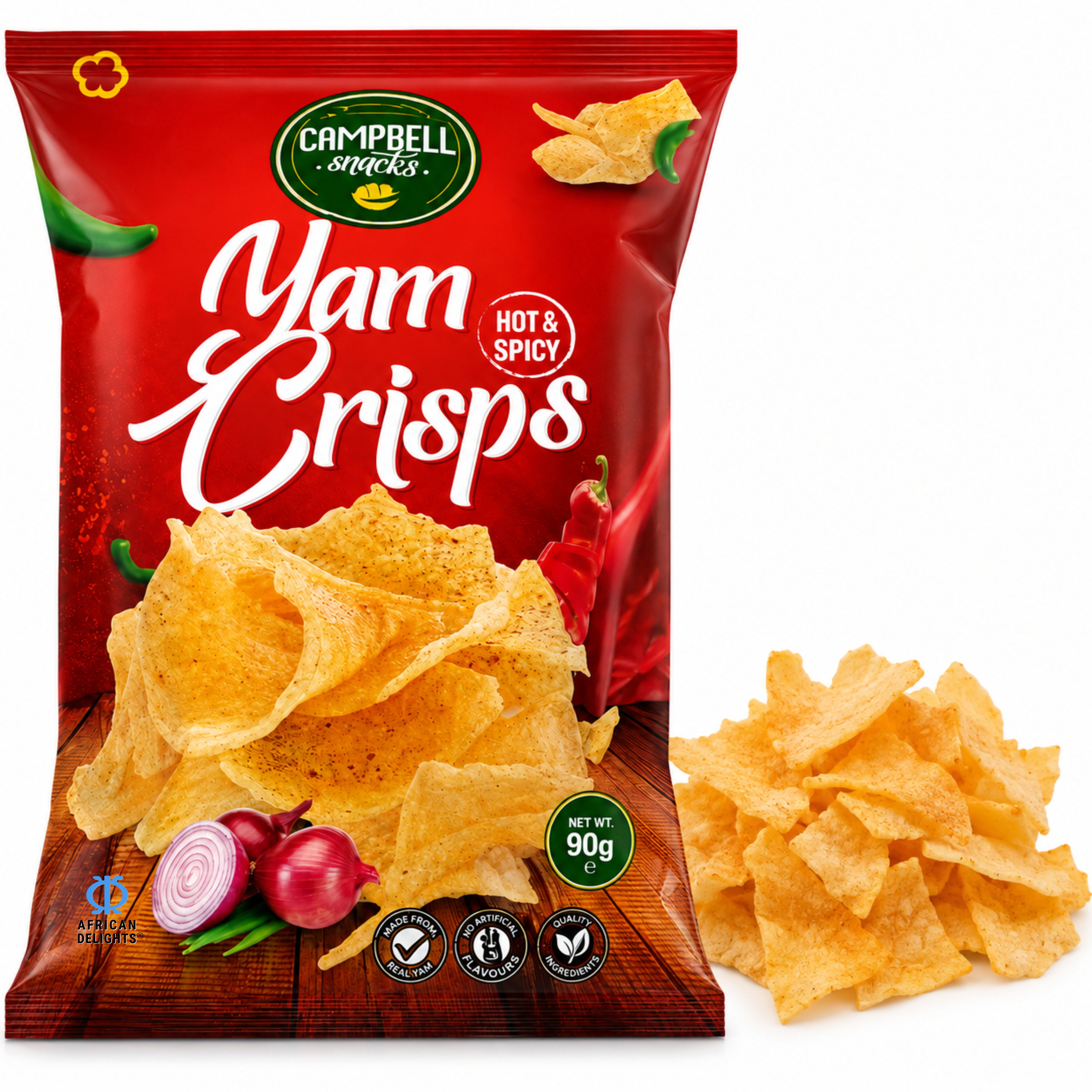 Campbell Foods Yam Hot & Spicy Chips, Pack of 3 90g bags # Flavor_Yam Hot & Spicy