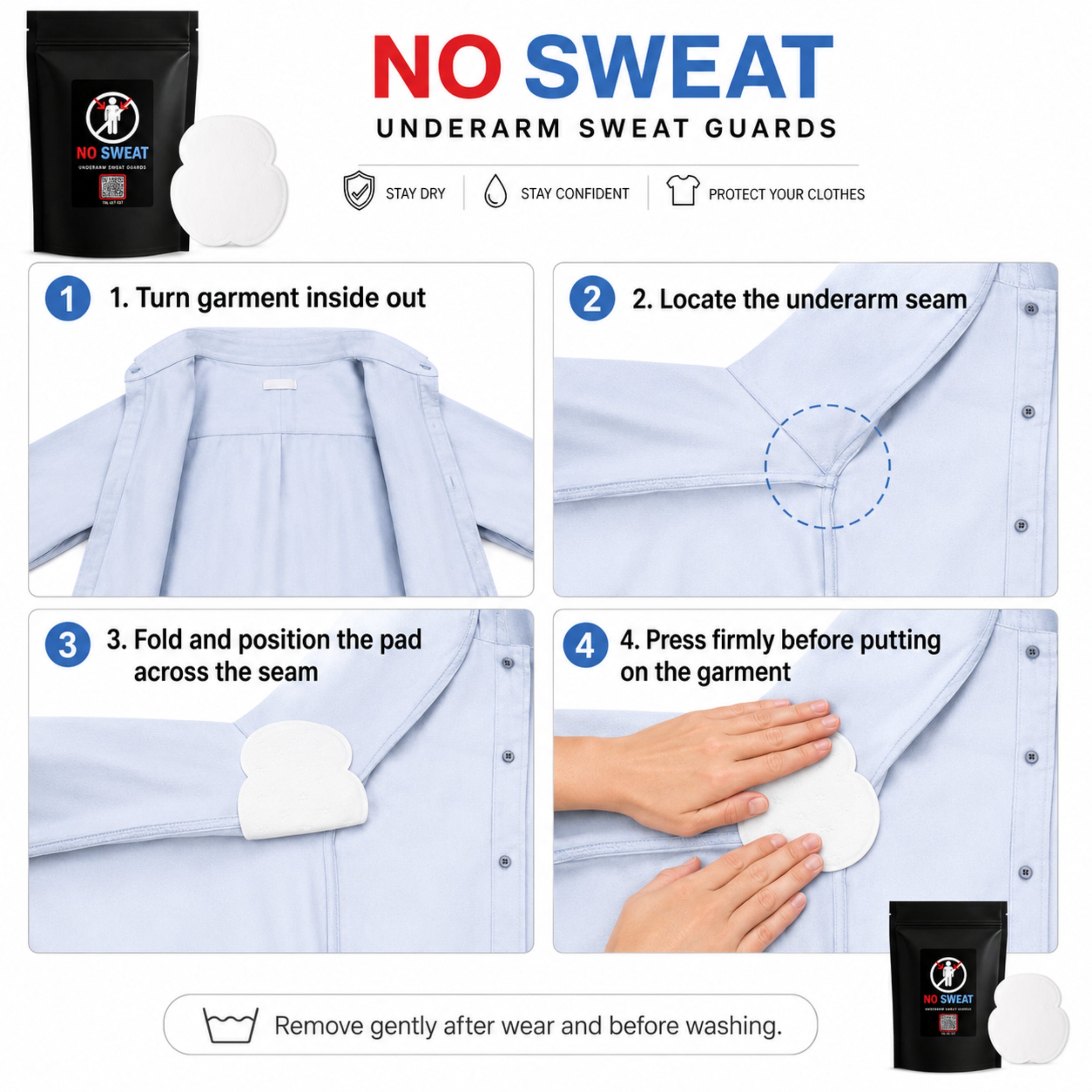 How to use NoSweat underarm sweat pads - step-by-step instructions infographic