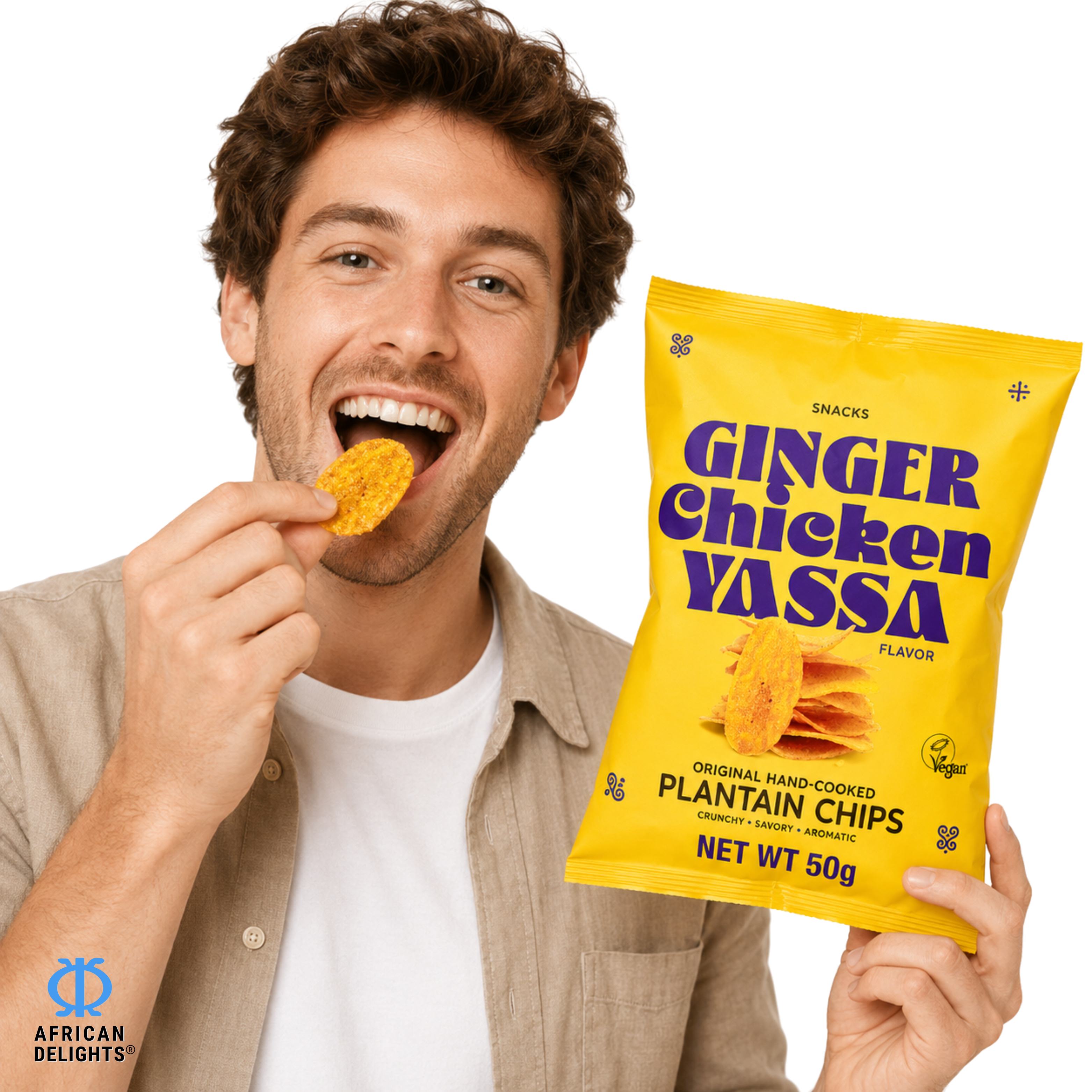 Sankofa Snacks Ginger Chicken Yassa Plantain Chips lifestyle photo # Flavor_Ginger Chicken Yassa
