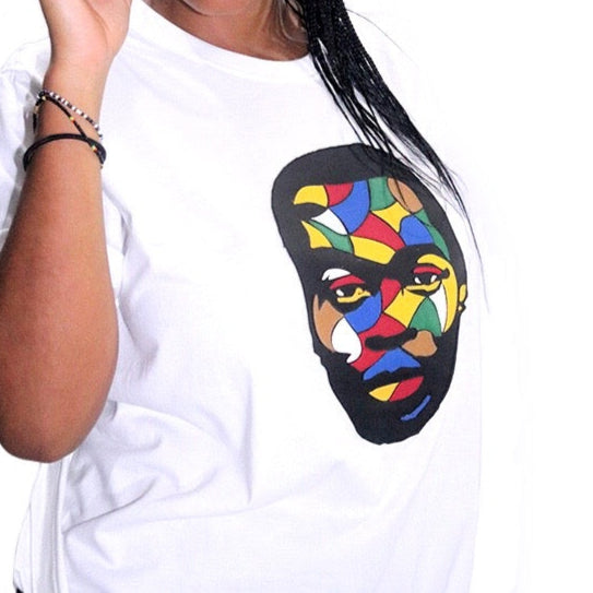 Fela Kuti Multicolored theme on white round neck T-shirt