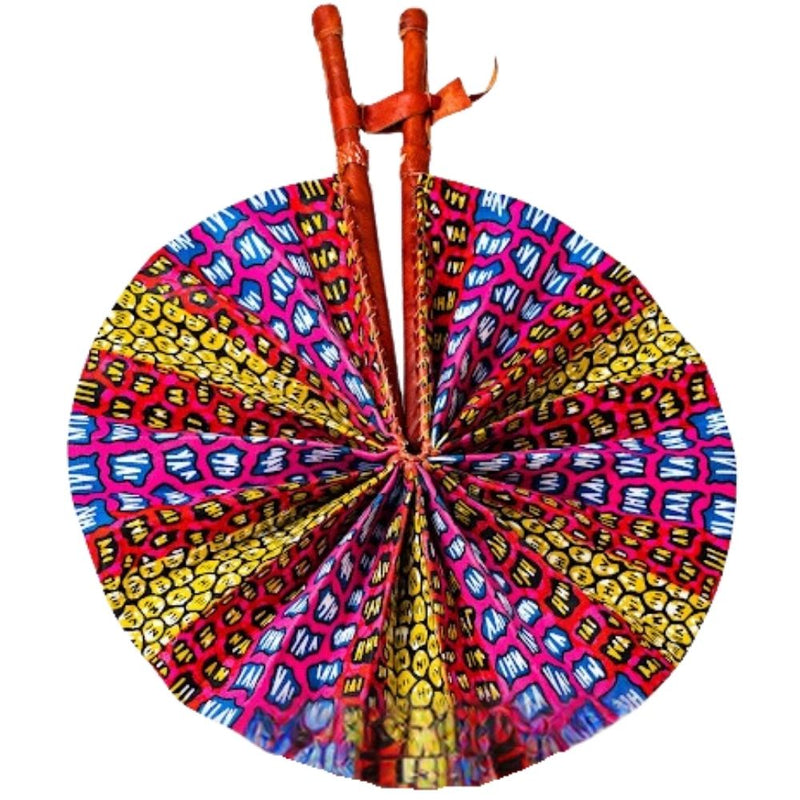 African Handfan | Genuine Leather and African Fabric | 11.5"