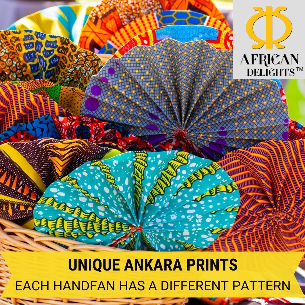 African Handfan | Genuine Leather and African Fabric | 11.5"