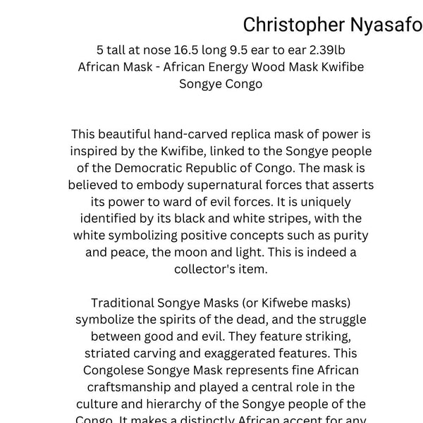 Songye Mask - Handmade African Mask by Artist Christopher Nyasafo