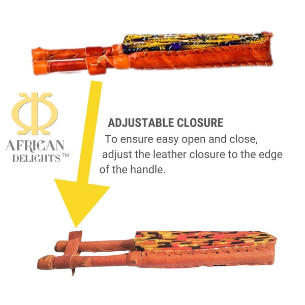 African Handfan | Genuine Leather and African Fabric | 11.5"