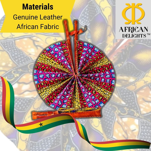 African Handfan | Genuine Leather and African Fabric | 11.5"