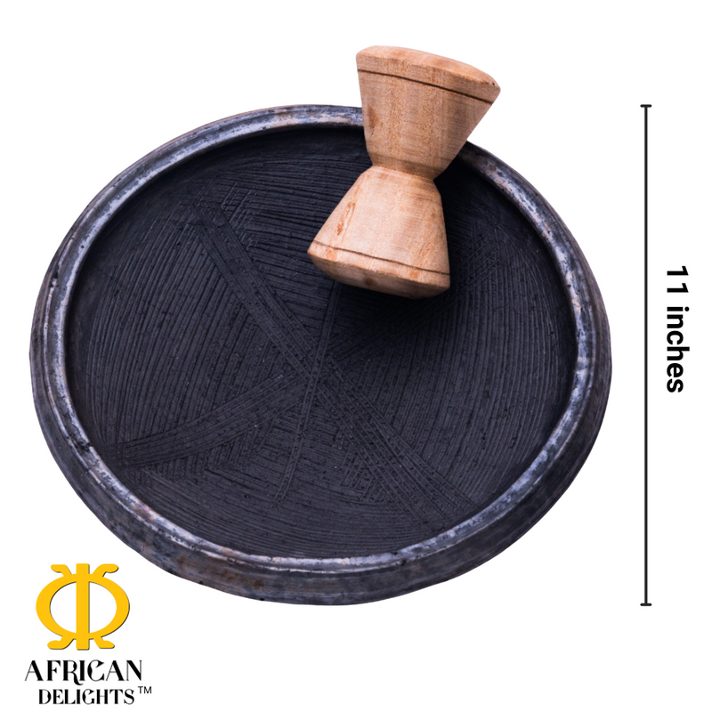 Asanka Traditional Pot with Grinder, 11 Inch, Handmade in Ghana