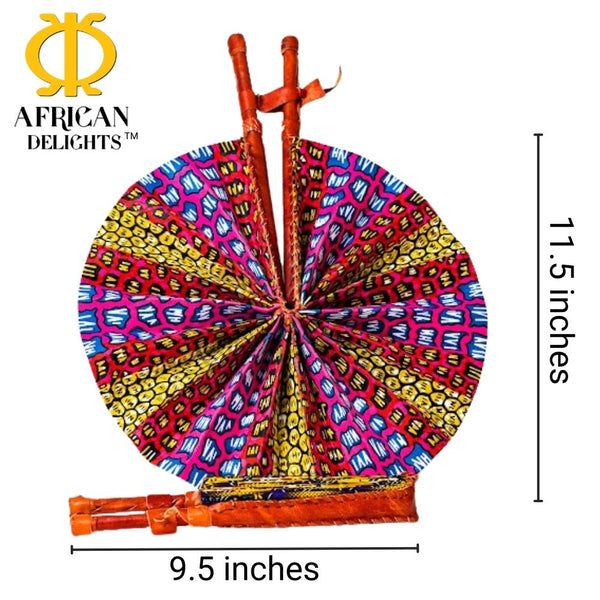African Handfan | Genuine Leather and African Fabric | 11.5"