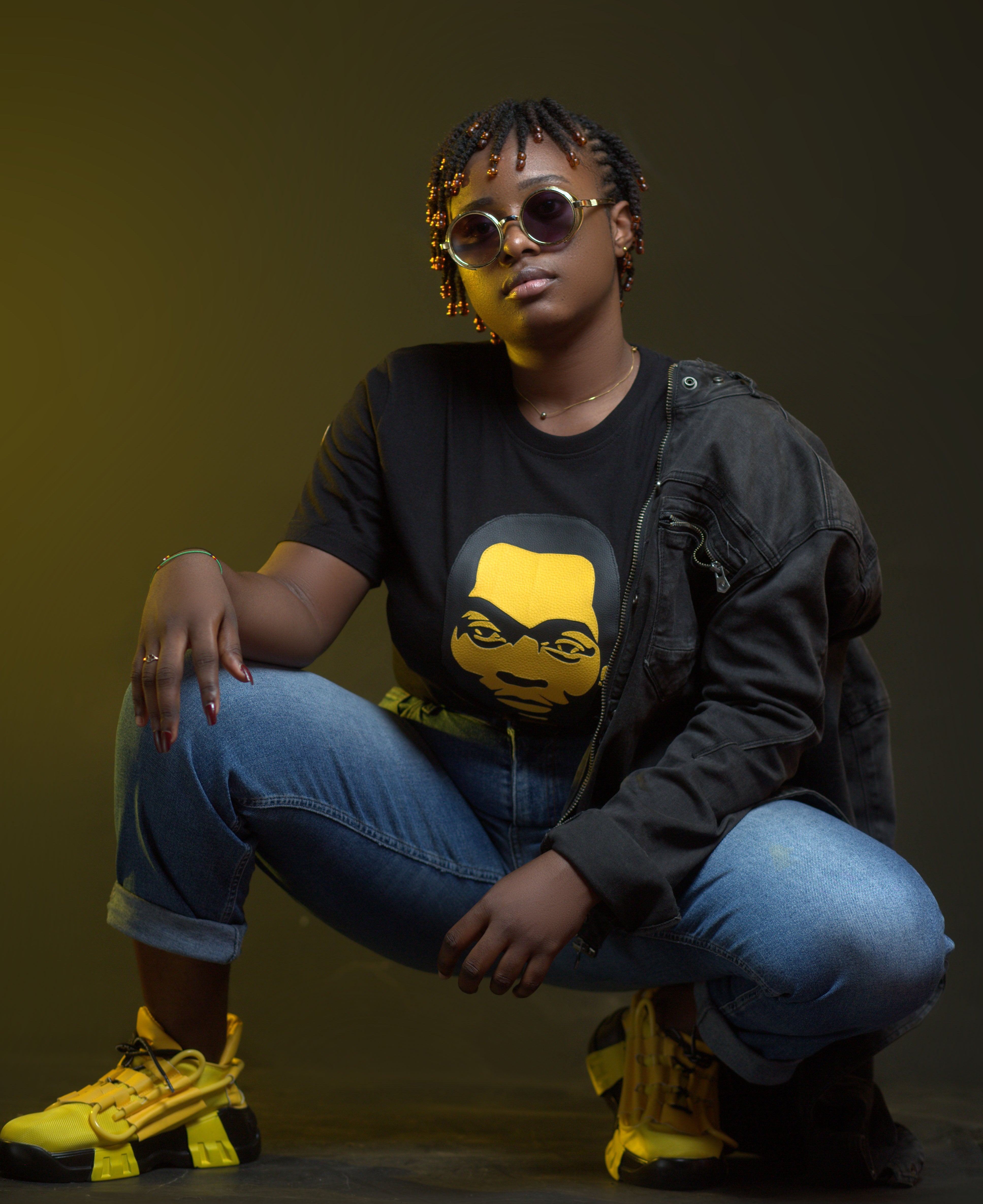 Fela kuti Black & Yellow big head on black round neck T-shirt