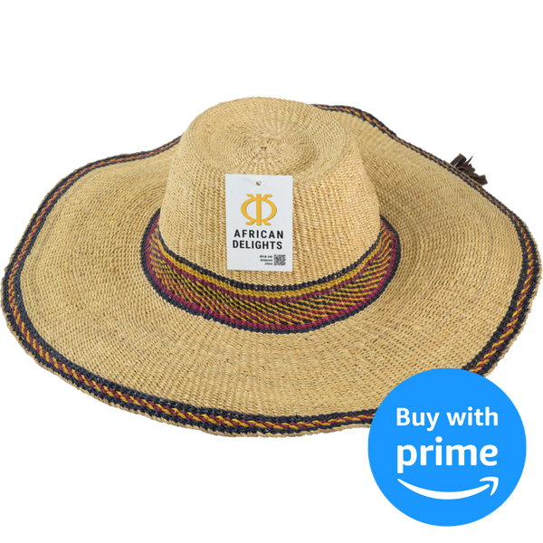  African Delights sun hat, adjustable straw hat, African fashion accessory, summer sun protection, handmade African hat, straw sun hat, adult size sun hat, 8 inches, African delights grocery store.