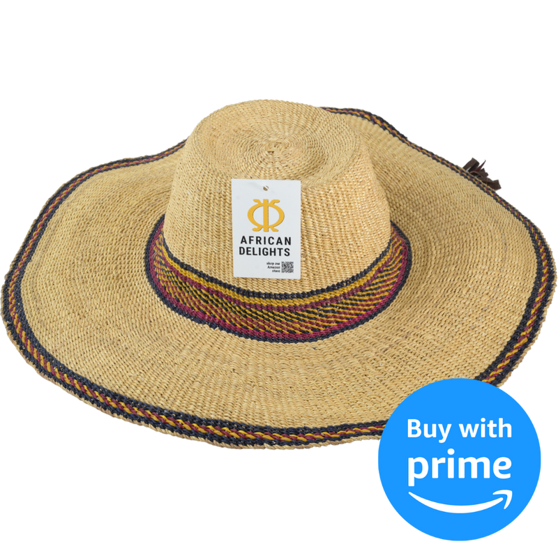  African Delights sun hat, adjustable straw hat, African fashion accessory, summer sun protection, handmade African hat, straw sun hat, adult size sun hat, 8 inches, African delights grocery store.