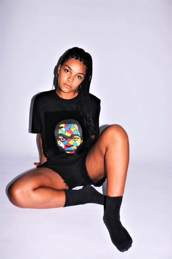 Fela Kuti Multicolored theme on black round neck t shirt