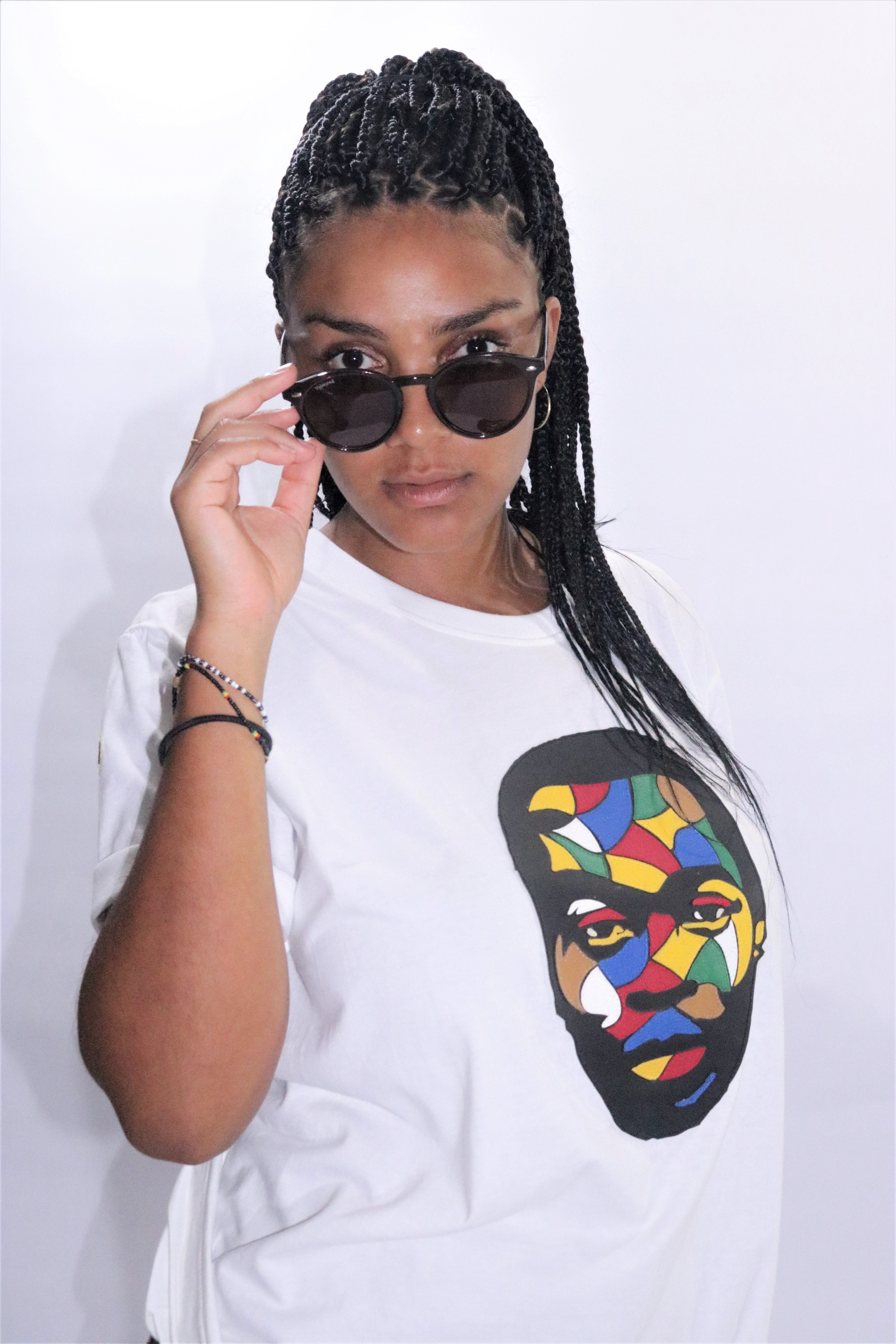 Fela Kuti Multicolored theme on white round neck T-shirt