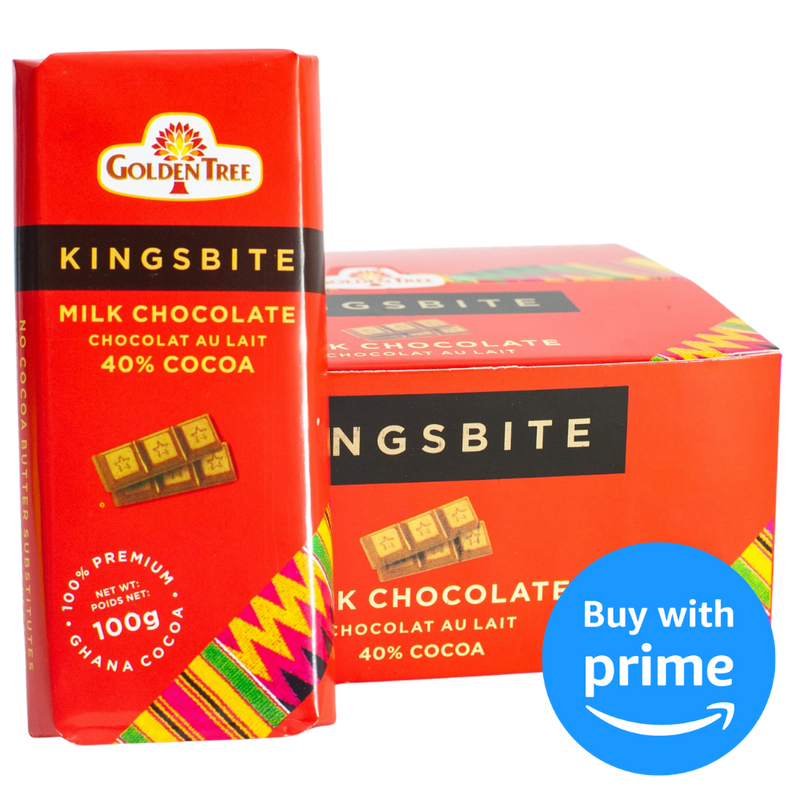  Kingsbite milk chocolate bar, box of 10 bars, Ghana cocoa chocolate, African delights grocery store.
