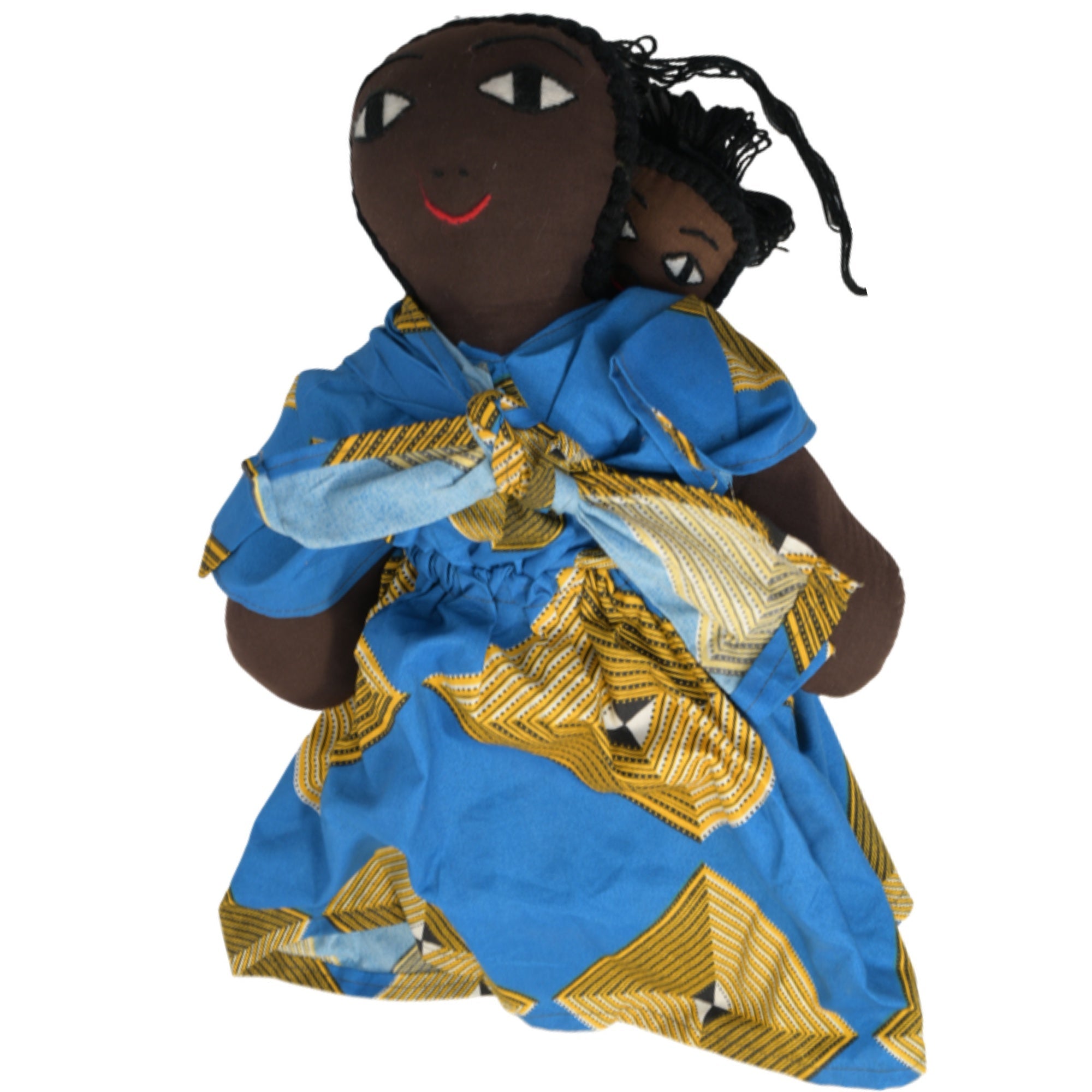 African Delights Handmade 15-inch Blue/Gold Squares African Fabric Art Doll – Hand-Stitched Ghanaian Adult Collectible, Mother and Baby Wrap Display Piece (Blue/Gold Squares) – Blue/Gold Squares variant