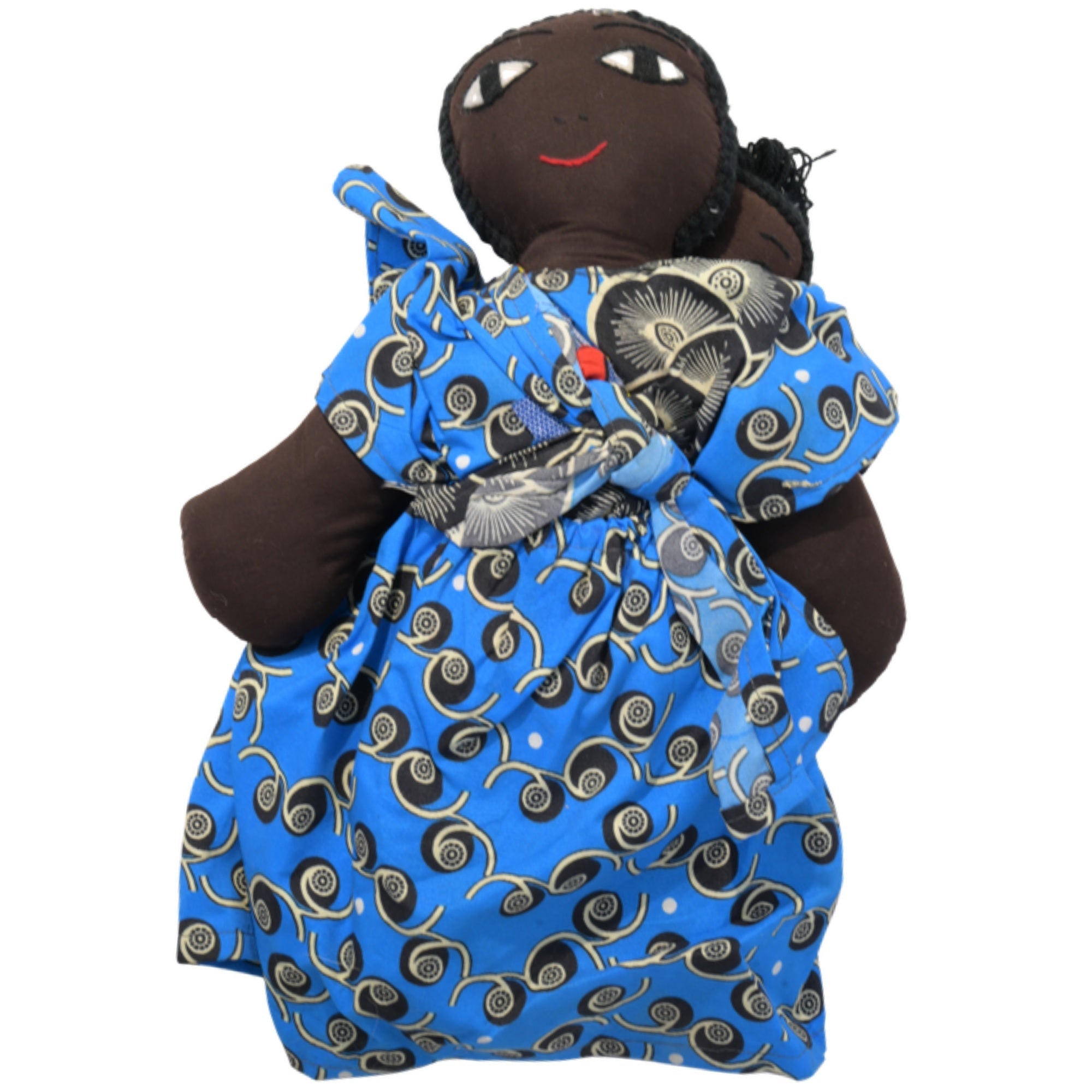 African Delights Handmade 15-inch Blue/Black African Fabric Art Doll – Hand-Stitched Ghanaian Adult Collectible, Mother and Baby Wrap Display Piece (Blue/Black) – Blue/Black variant