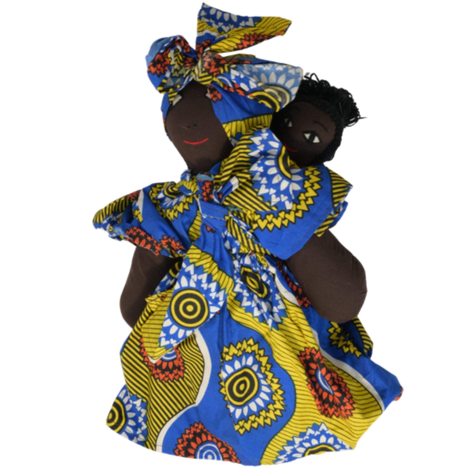 African Delights Handmade 15-inch Blue/Gold African Fabric Art Doll – Hand-Stitched Ghanaian Adult Collectible, Mother and Baby Wrap Display Piece (Blue/Gold) – Blue/Gold variant