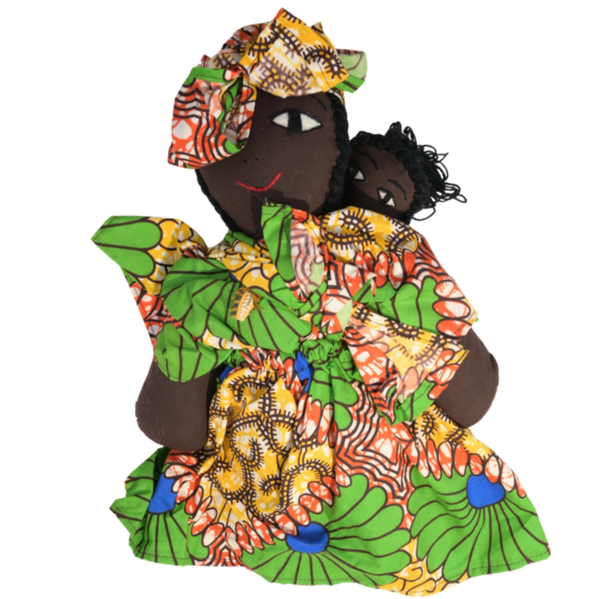 African Delights Handmade 15-inch Green African Fabric Art Doll – Hand-Stitched Ghanaian Adult Collectible, Mother and Baby Wrap Display Piece (Green) – Green variant
