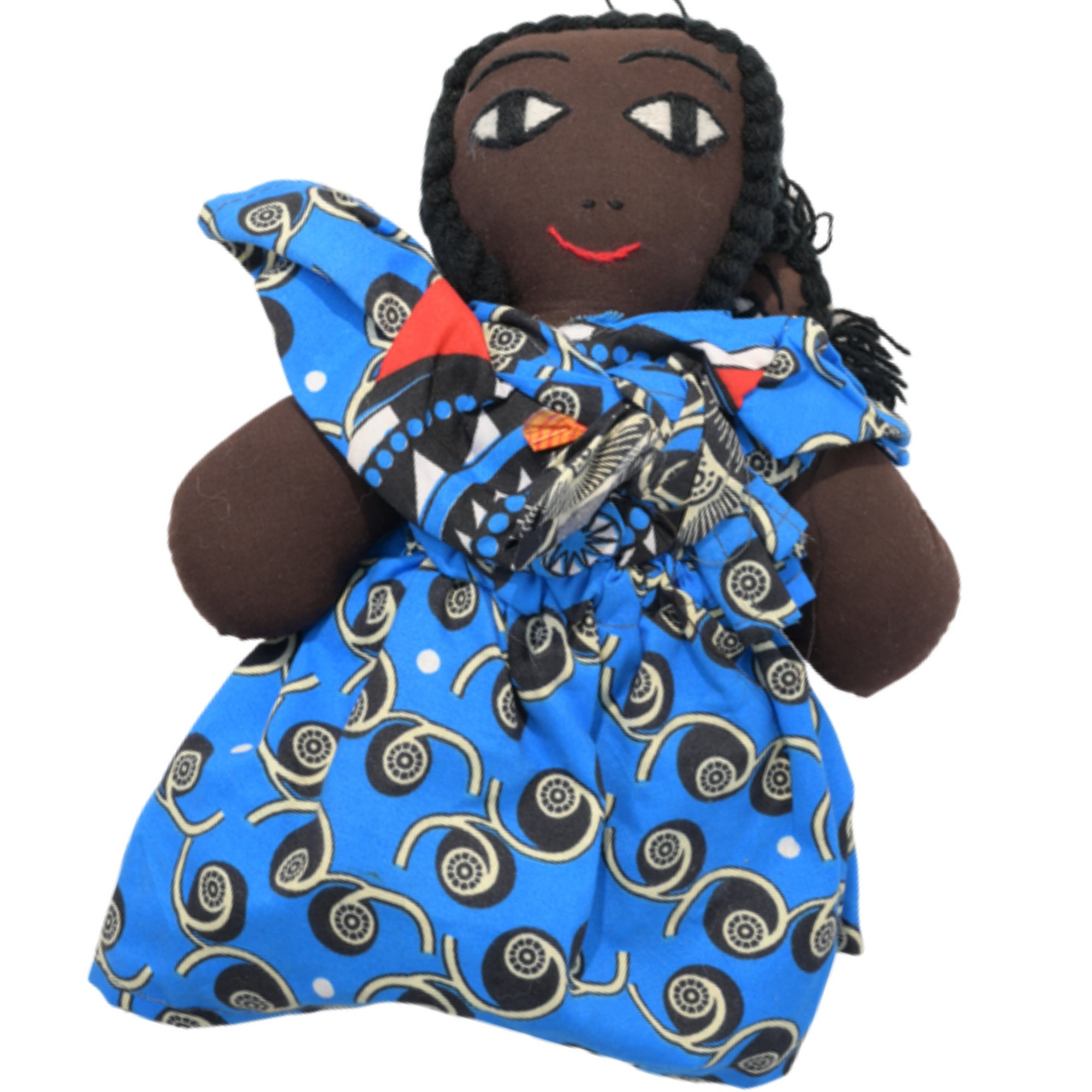 African Delights Handmade 10-inch Blue/Black African Fabric Art Doll – Hand-Stitched Ghanaian Adult Collectible, Mother and Baby Wrap Display Piece (Blue/Black) – Blue/Black variant