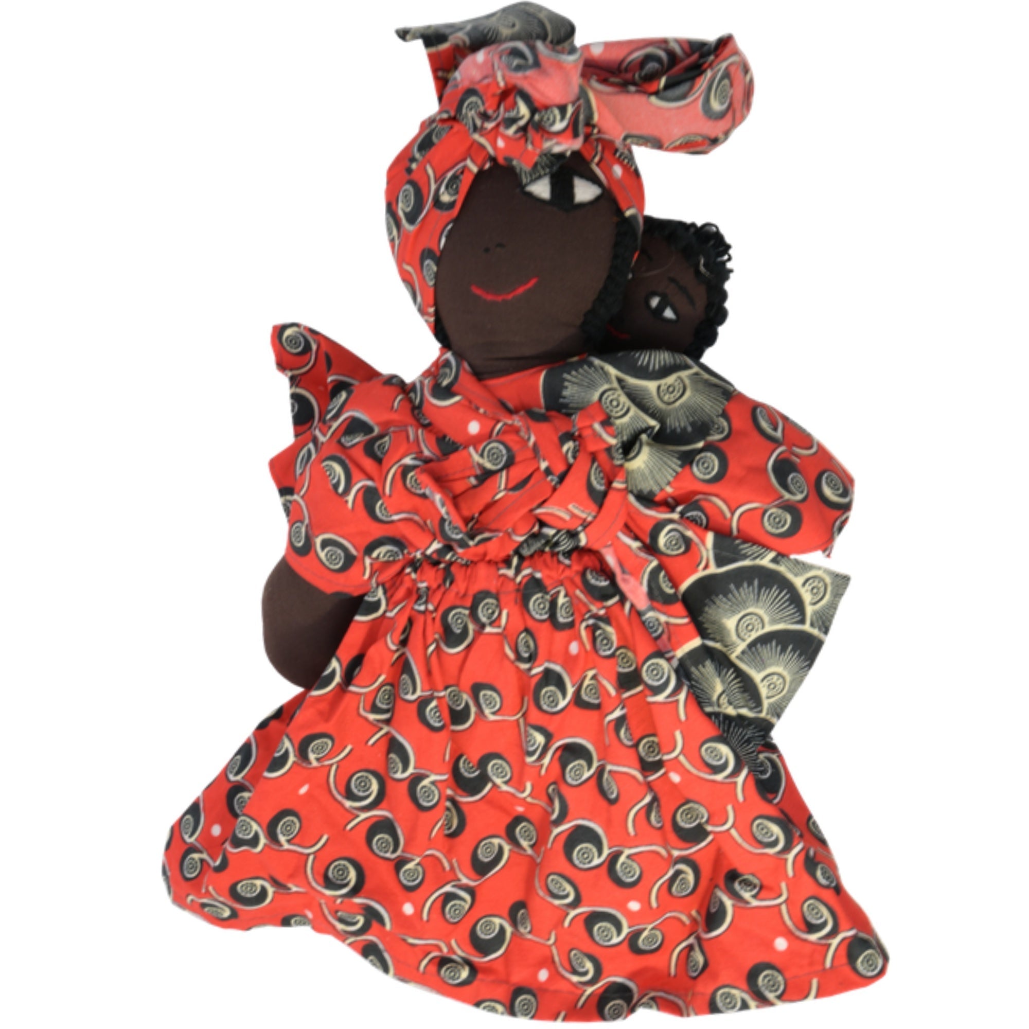 African Delights Handmade 15-inch Red Adire African Fabric Art Doll – Hand-Stitched Ghanaian Adult Collectible, Mother and Baby Wrap Display Piece (Red) – Red variant
