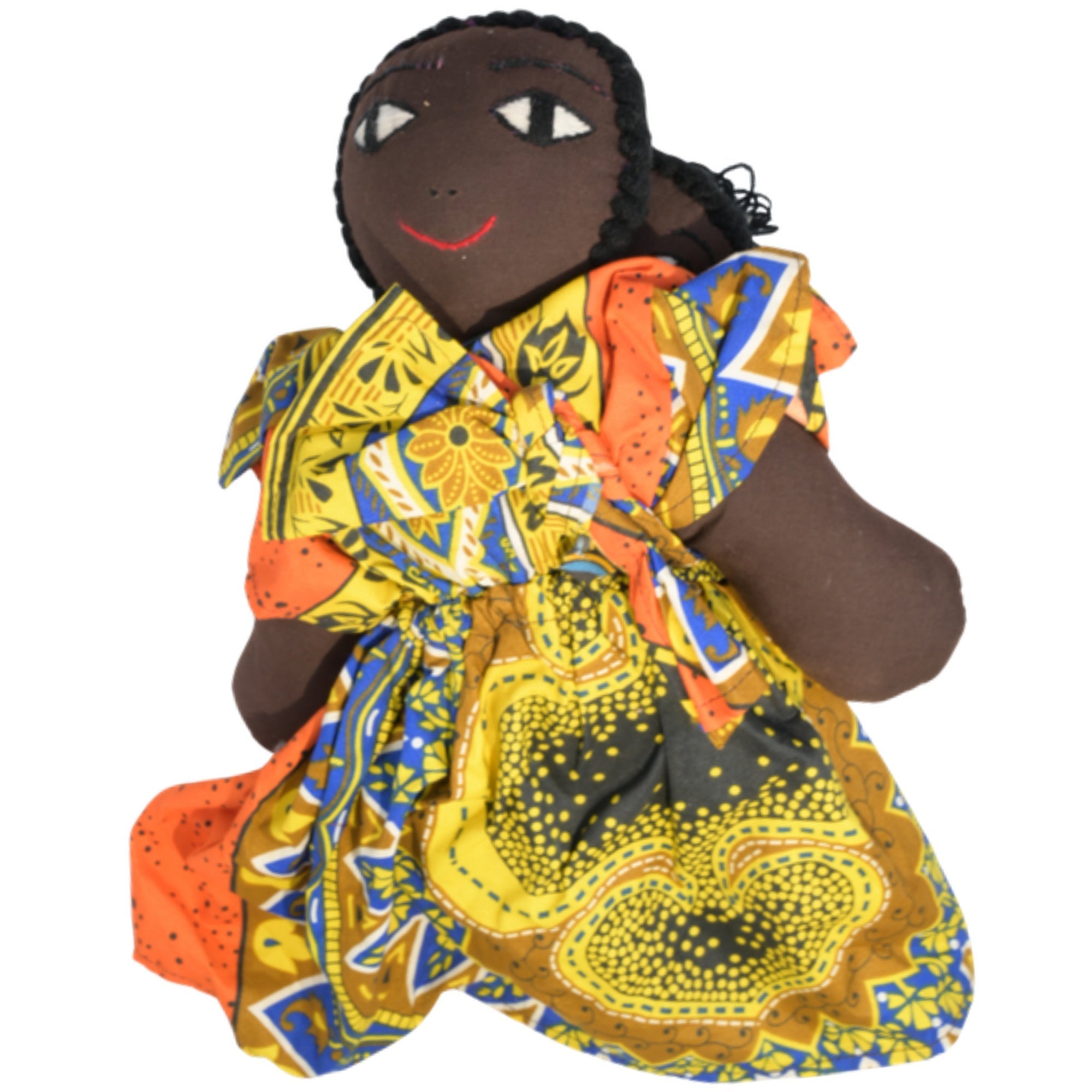 African Delights Handmade 15-inch Yellow African Fabric Art Doll – Hand-Stitched Ghanaian Adult Collectible, Mother and Baby Wrap Display Piece (Yellow) – Yellow variant