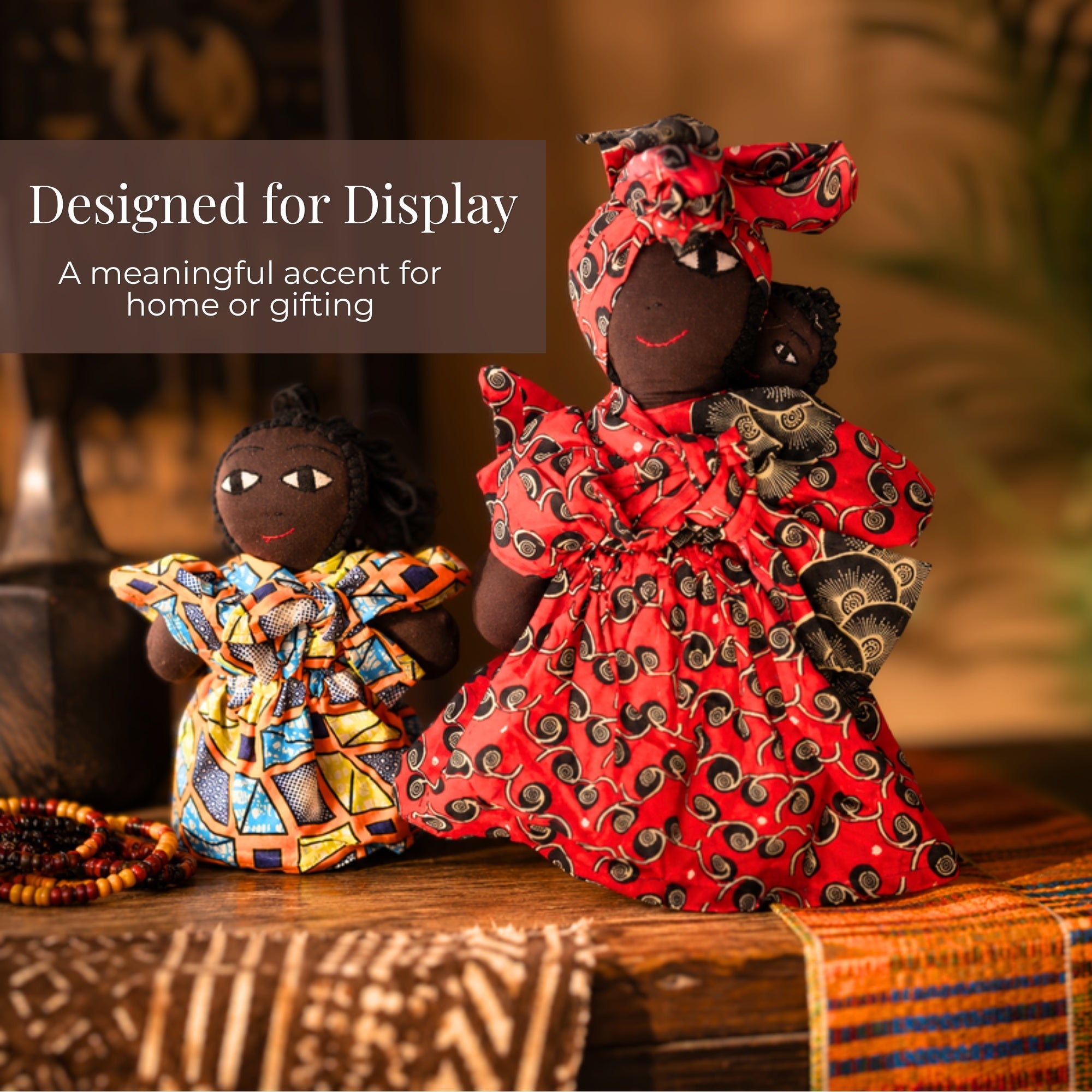 African fabric doll display – meaningful home decor accent for shelves and gifting. African Delights.