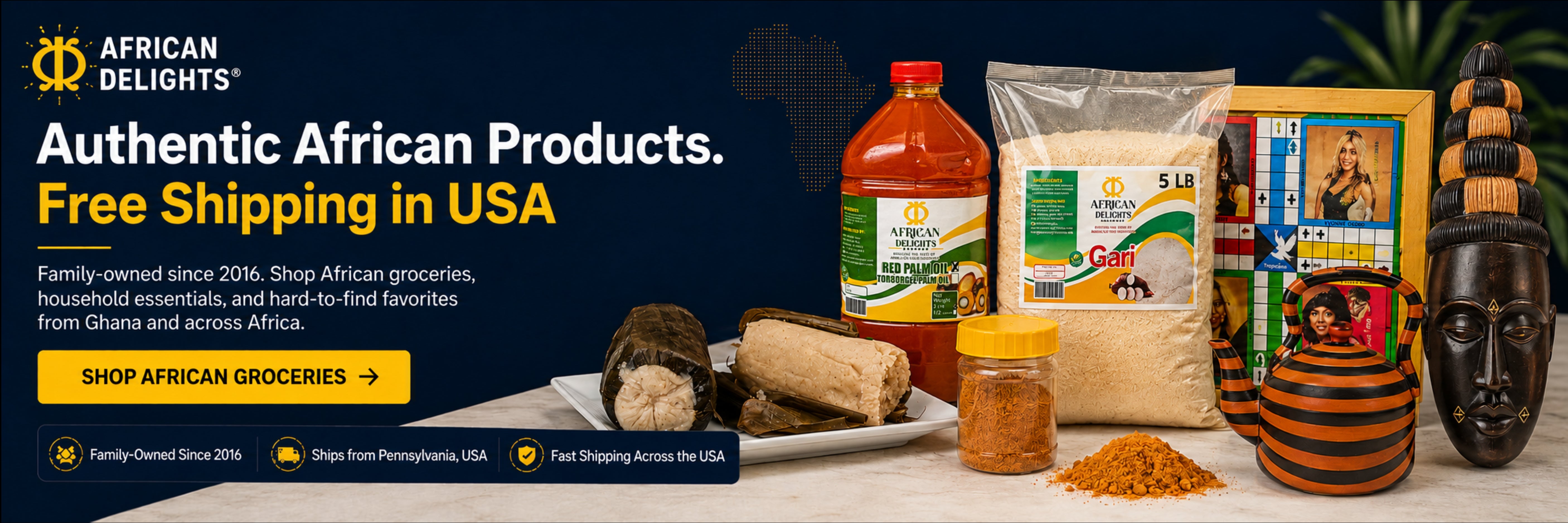 African Delights African grocery store homepage banner featuring African foods, groceries, beauty products, and gifts