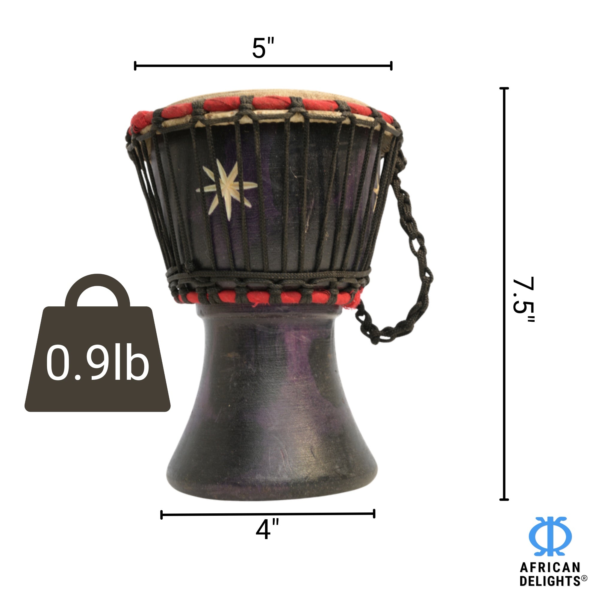 Black with Star Etching mini djembe drum size and dimensions