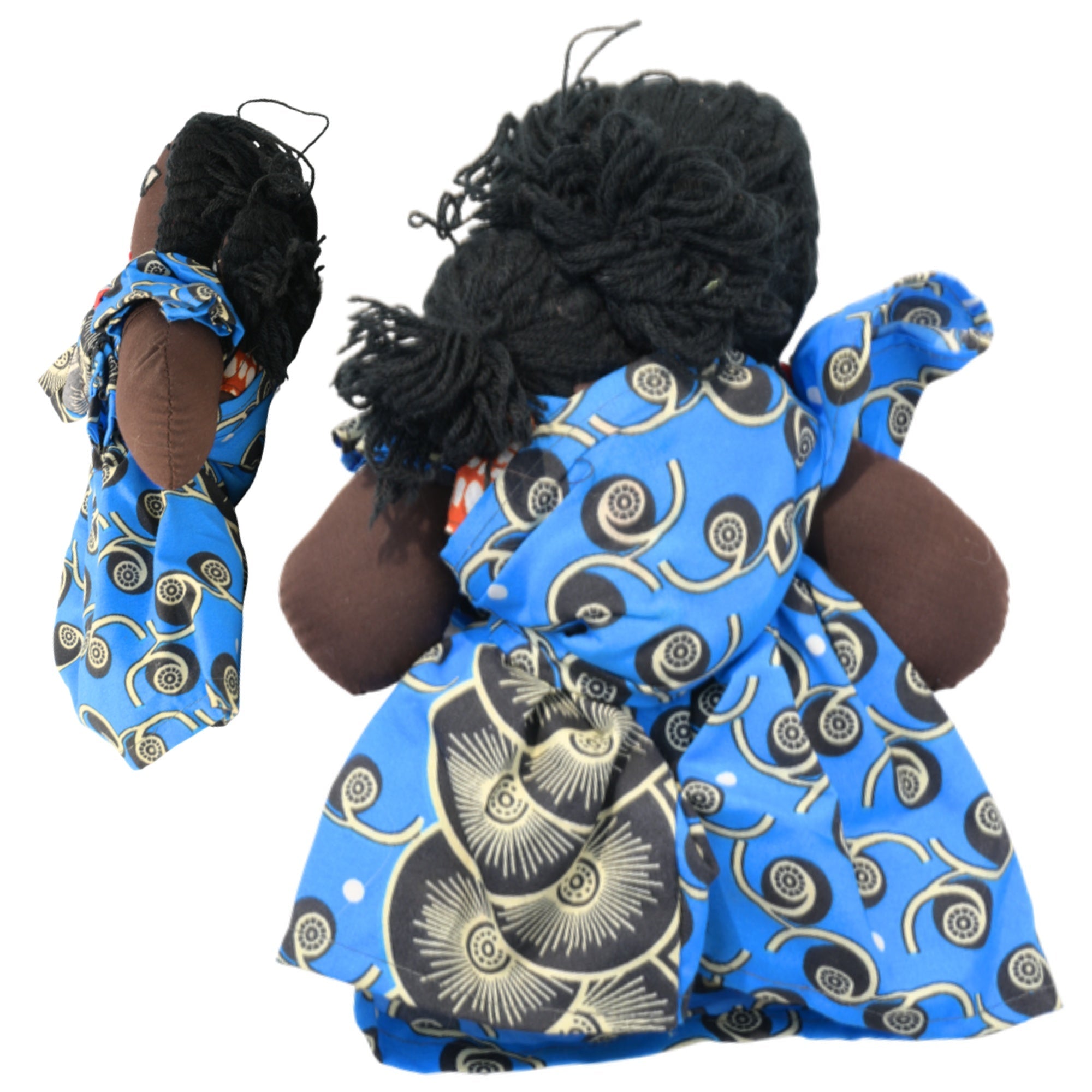 Blue/Black African fabric doll back and side view – 10-inch handmade Ghanaian artisan collectible. African Delights. #Color_Blue/Black