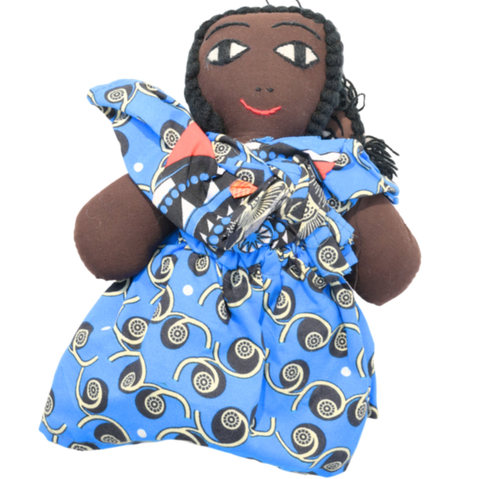 Blue/Black Handmade African Fabric Doll with Baby – 10-inch Ghanaian artisan collectible, mother and baby in traditional wrap. African Delights. #Color_Blue/Black
