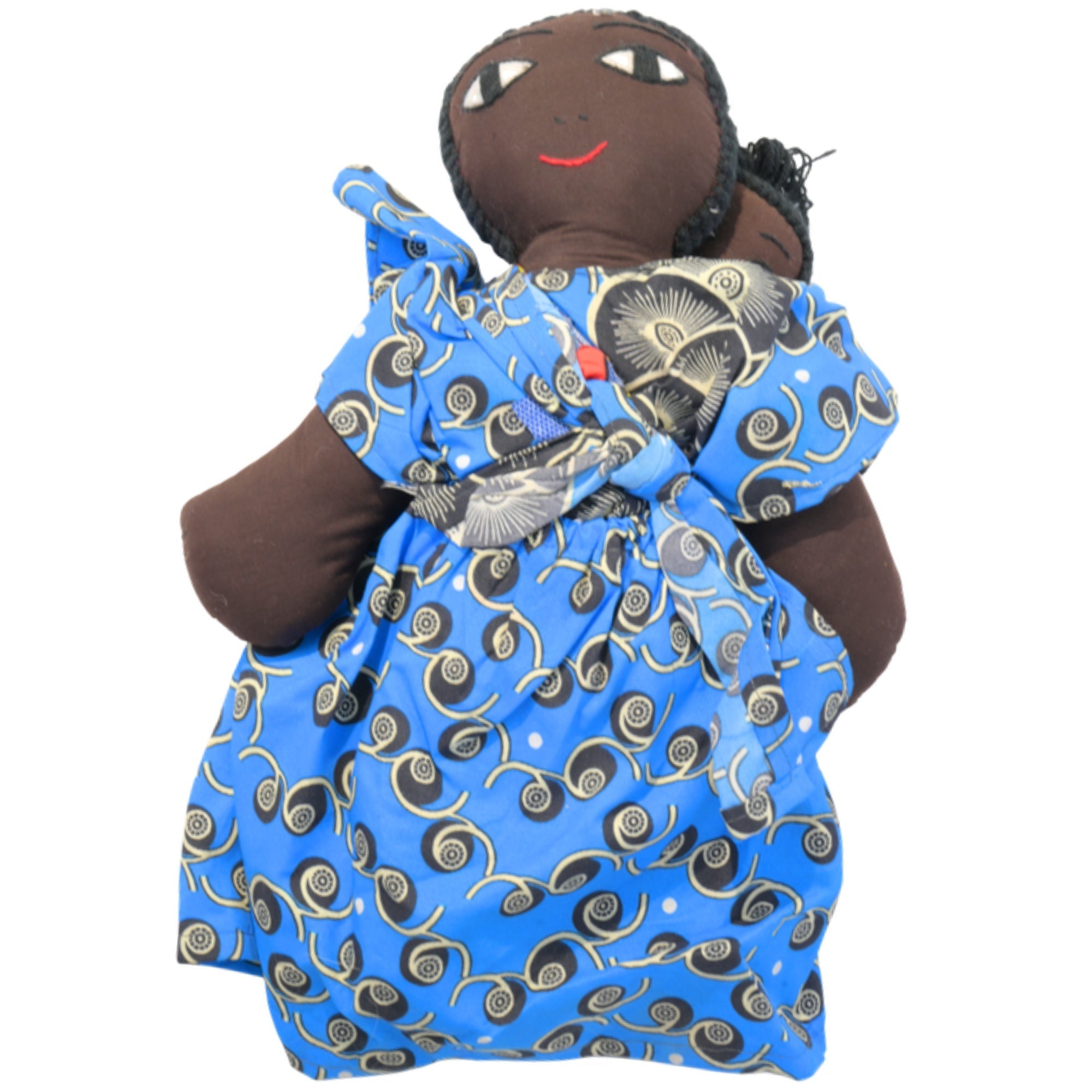 Blue/Black Handmade African Fabric Doll with Baby – 15-inch Ghanaian artisan collectible, mother and baby in traditional wrap. African Delights. #Color_Blue/Black
