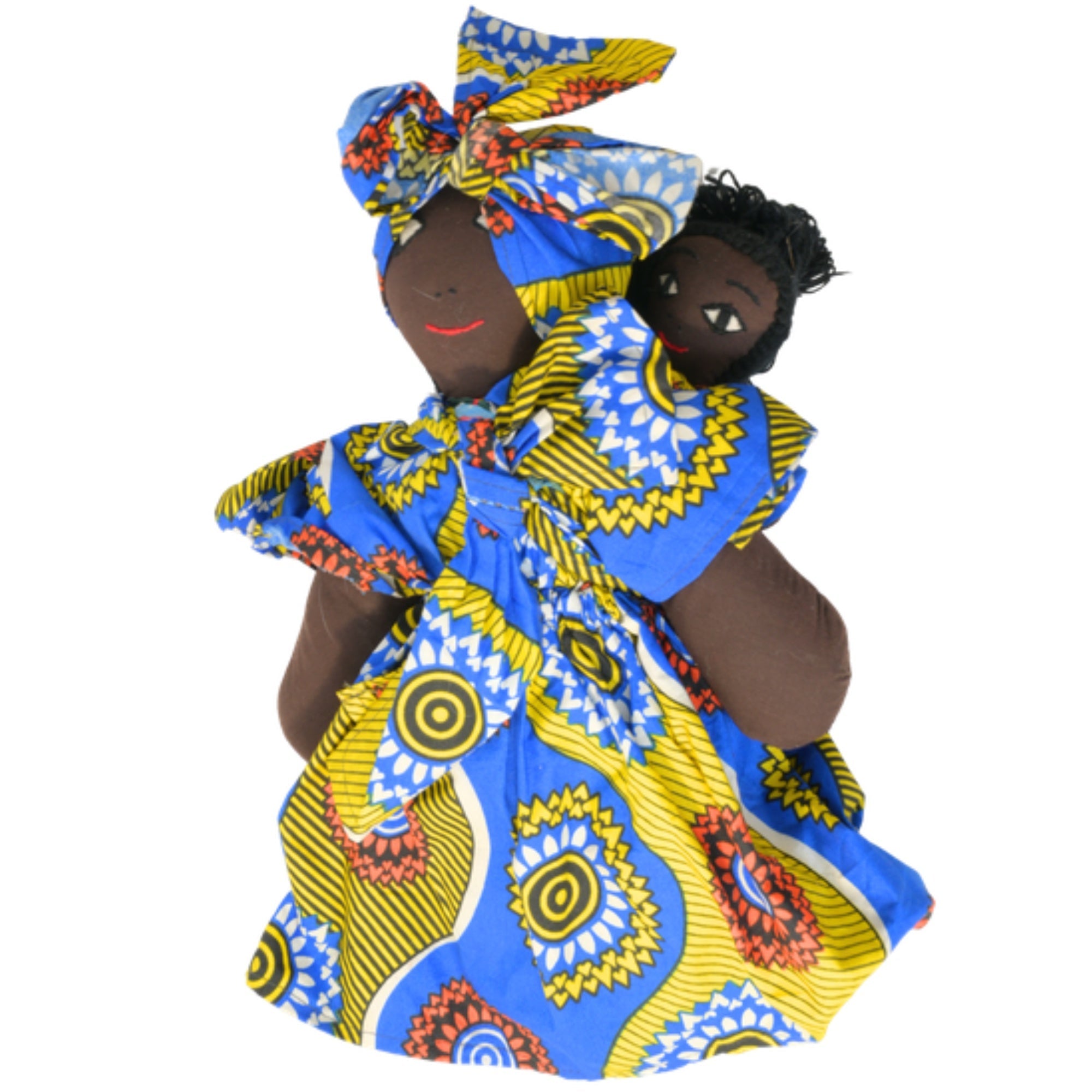 Blue/Gold Handmade African Fabric Doll with Baby – 15-inch Ghanaian artisan collectible, mother and baby in traditional wrap. African Delights. #Color_Blue/Gold