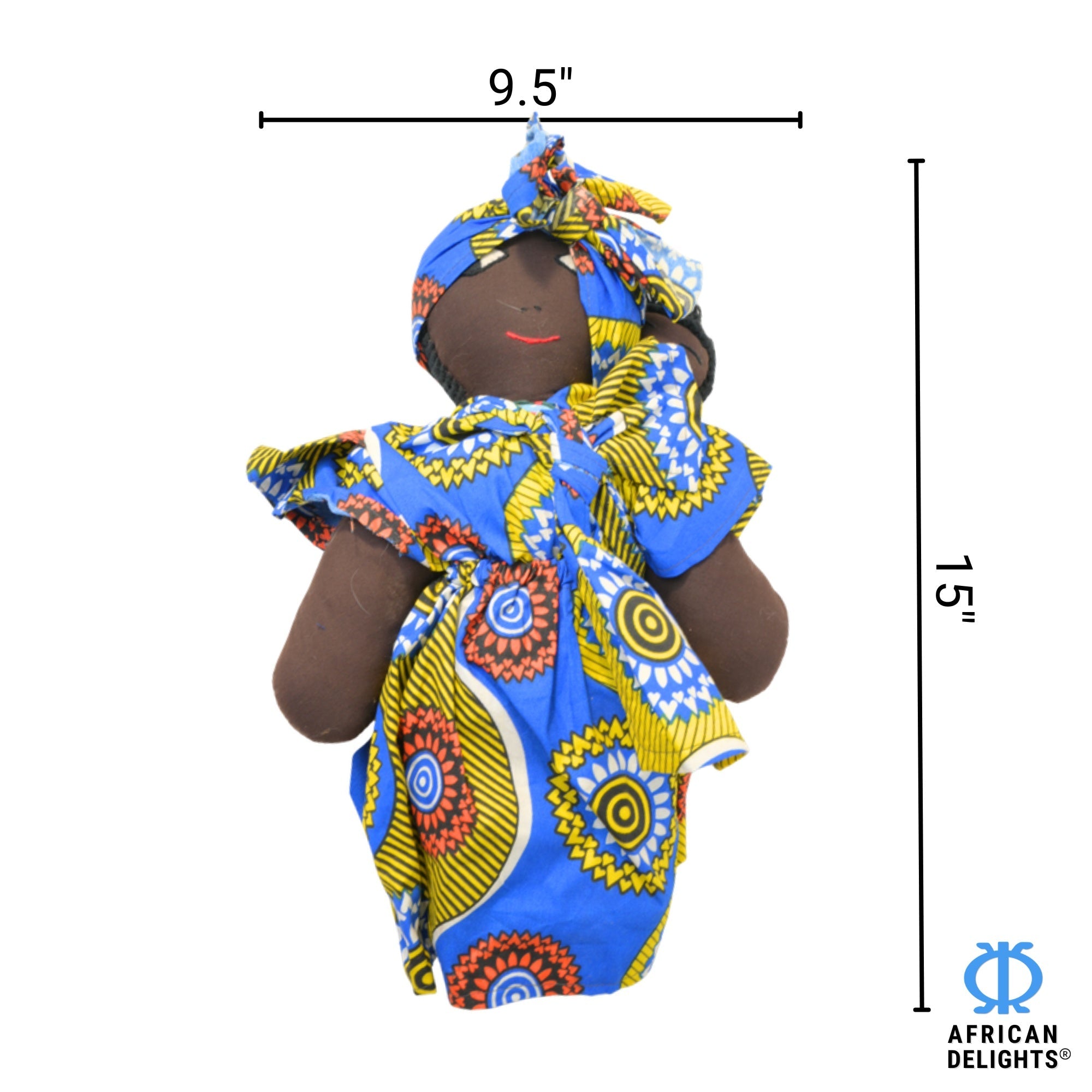 Blue/Gold African fabric doll size guide – 15-inch handmade Ghanaian collectible figurine. African Delights. #Color_Blue/Gold