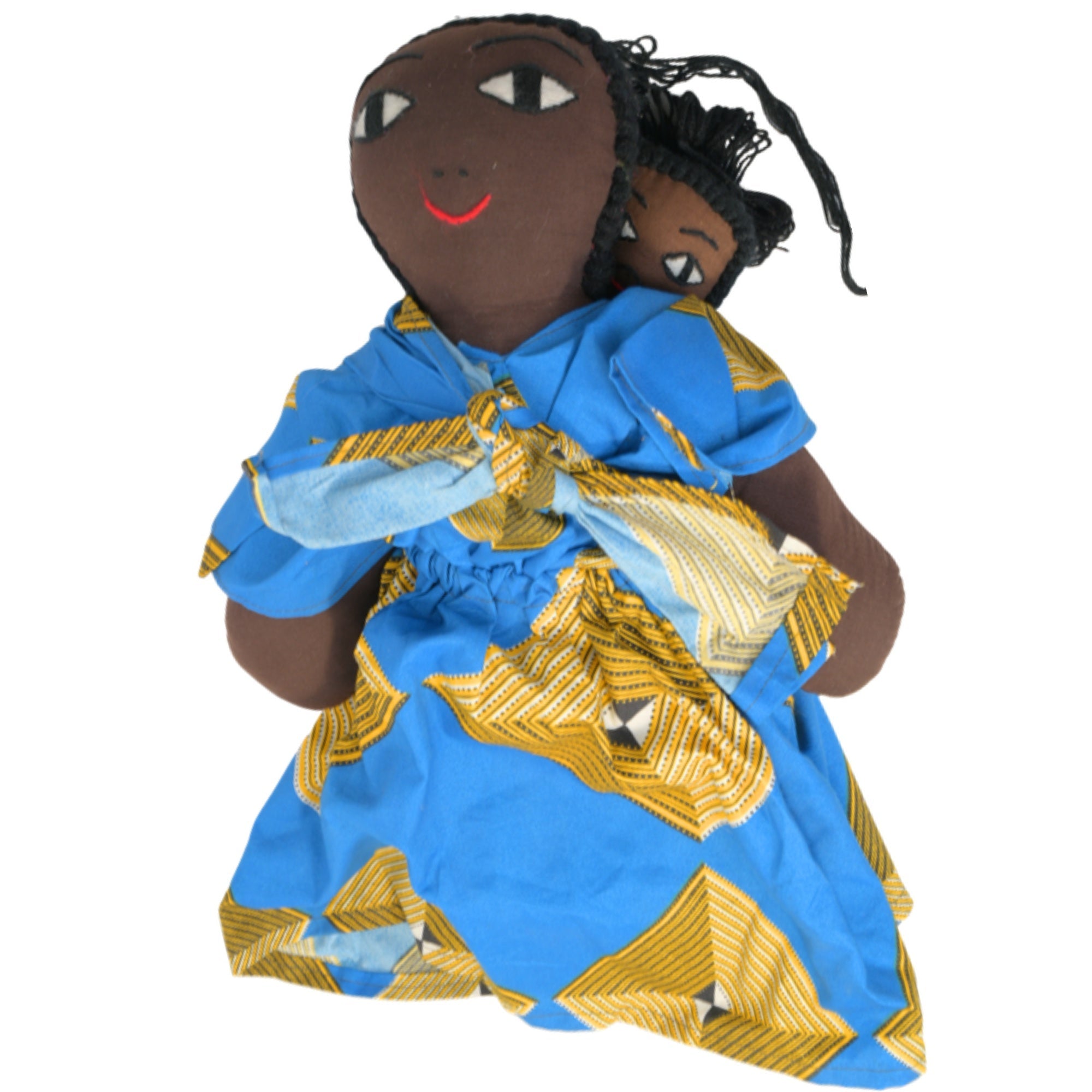 Blue/Gold Squares Handmade African Fabric Doll with Baby – 15-inch Ghanaian artisan collectible, mother and baby in traditional wrap. African Delights. #Color_Blue/Gold Squares