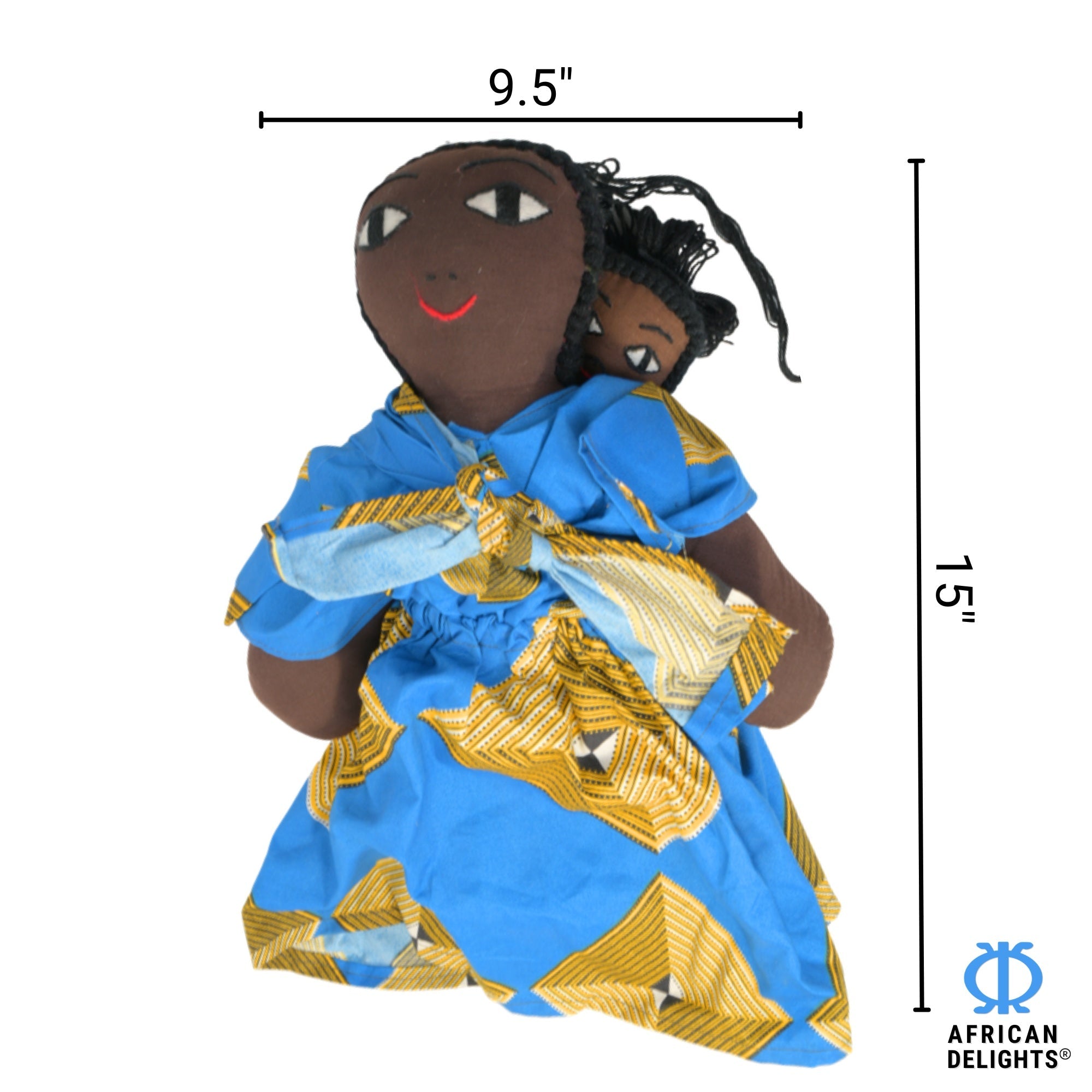 Blue/Gold Squares African fabric doll size guide – 15-inch handmade Ghanaian collectible figurine. African Delights. #Color_Blue/Gold Squares